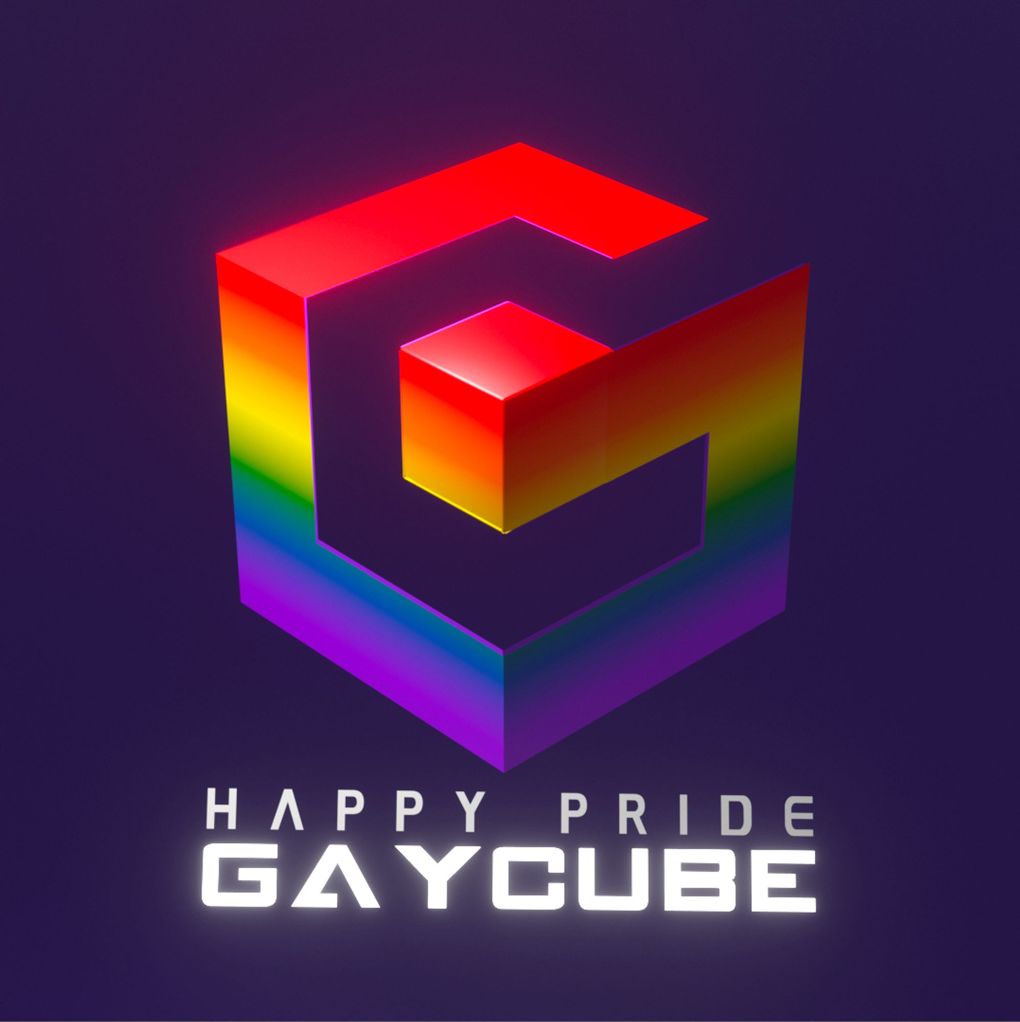 A 3d rendering of the gamecube logo is in the gradient of the pride flag. Underneath the text says: Happy Pride, GAYCUBE.