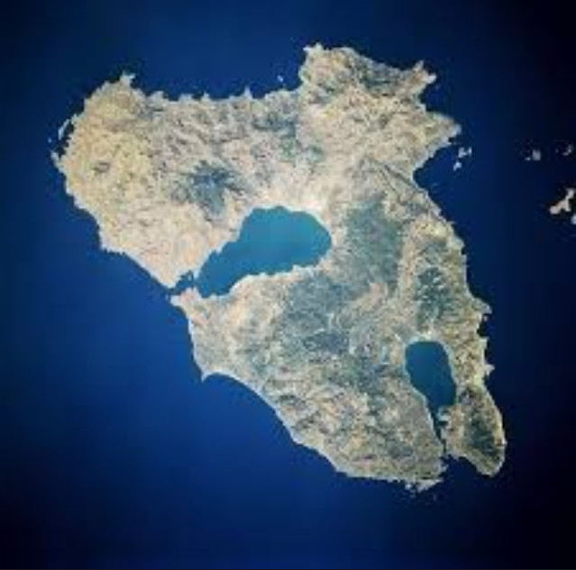 Satellite image of Lesvos island in the North East Aegean Sea, Greece