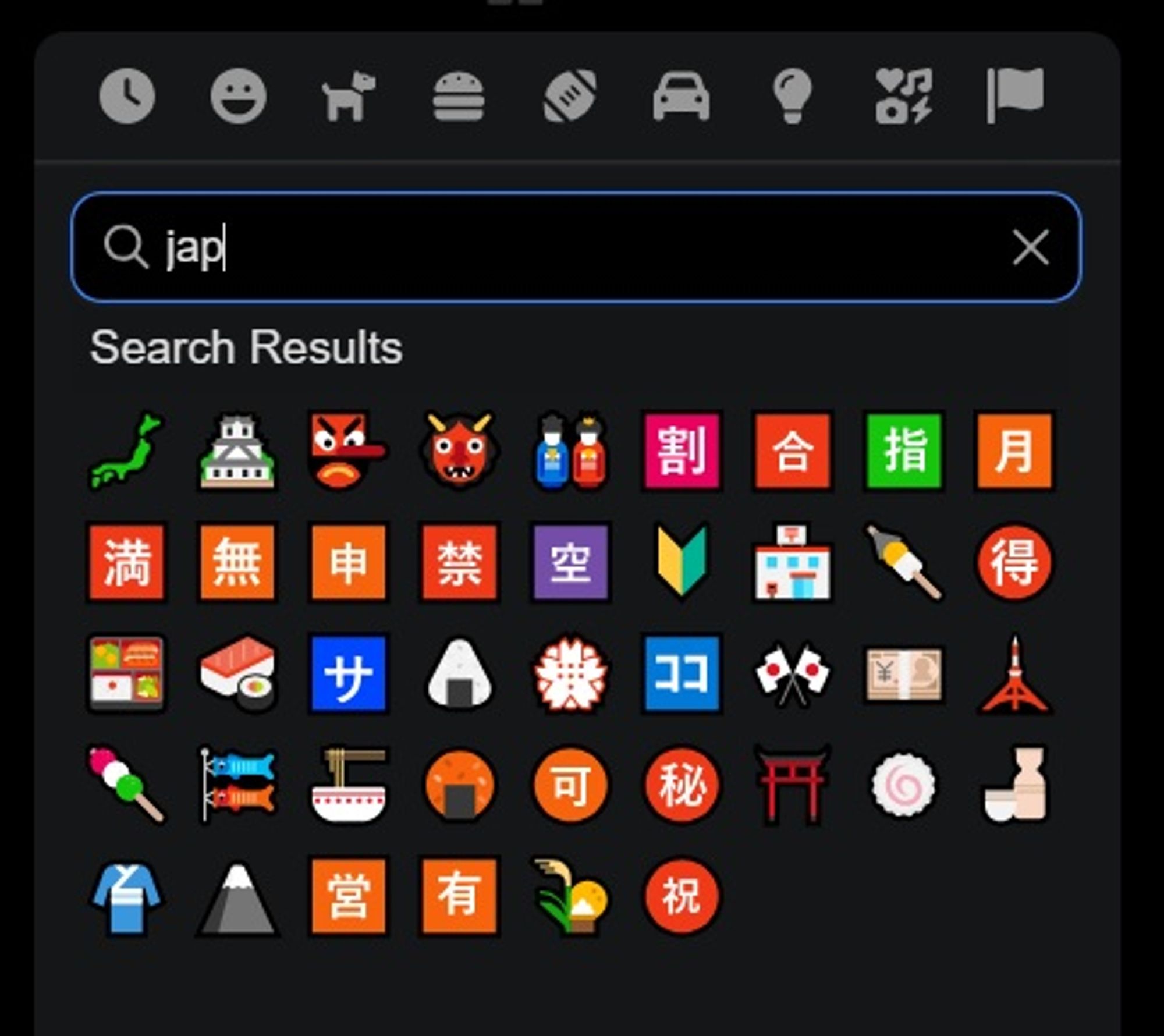 screengrab of the emoji window when searching for Japan related emojis