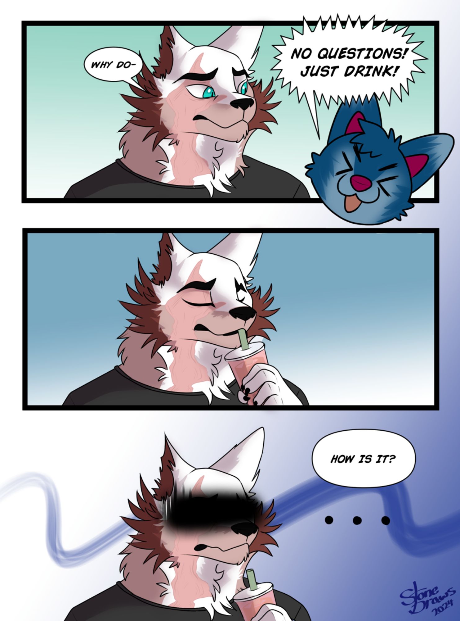 Comic of two anthro wolf characters trying boba tea! It's really good!!!