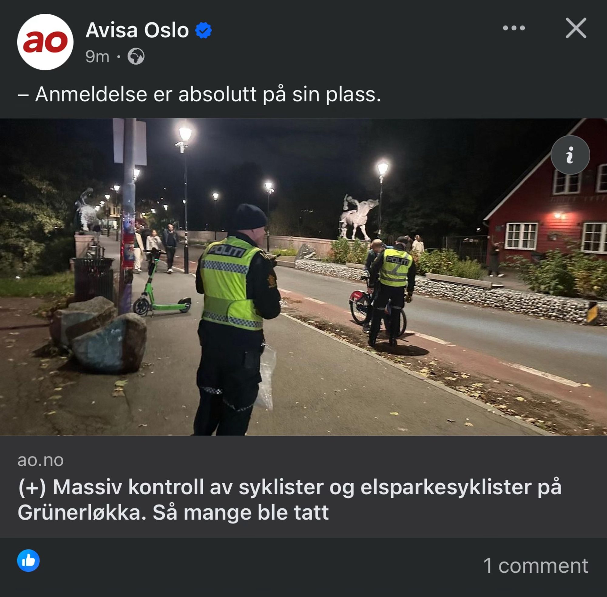 Skjermbilde fra Avisa Oslos Facebook-post som har tittelen “Massiv kontroll av syklister og elsparkesyklister på Grünerløkka. Så mange ble tatt”