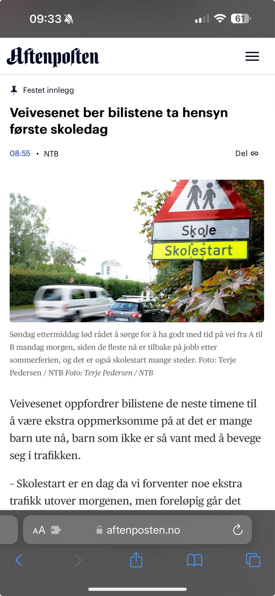 Skjermbilde fra Aftenposten hvor veivesenet ber bilister ta hensyn til barn på første skoledag.