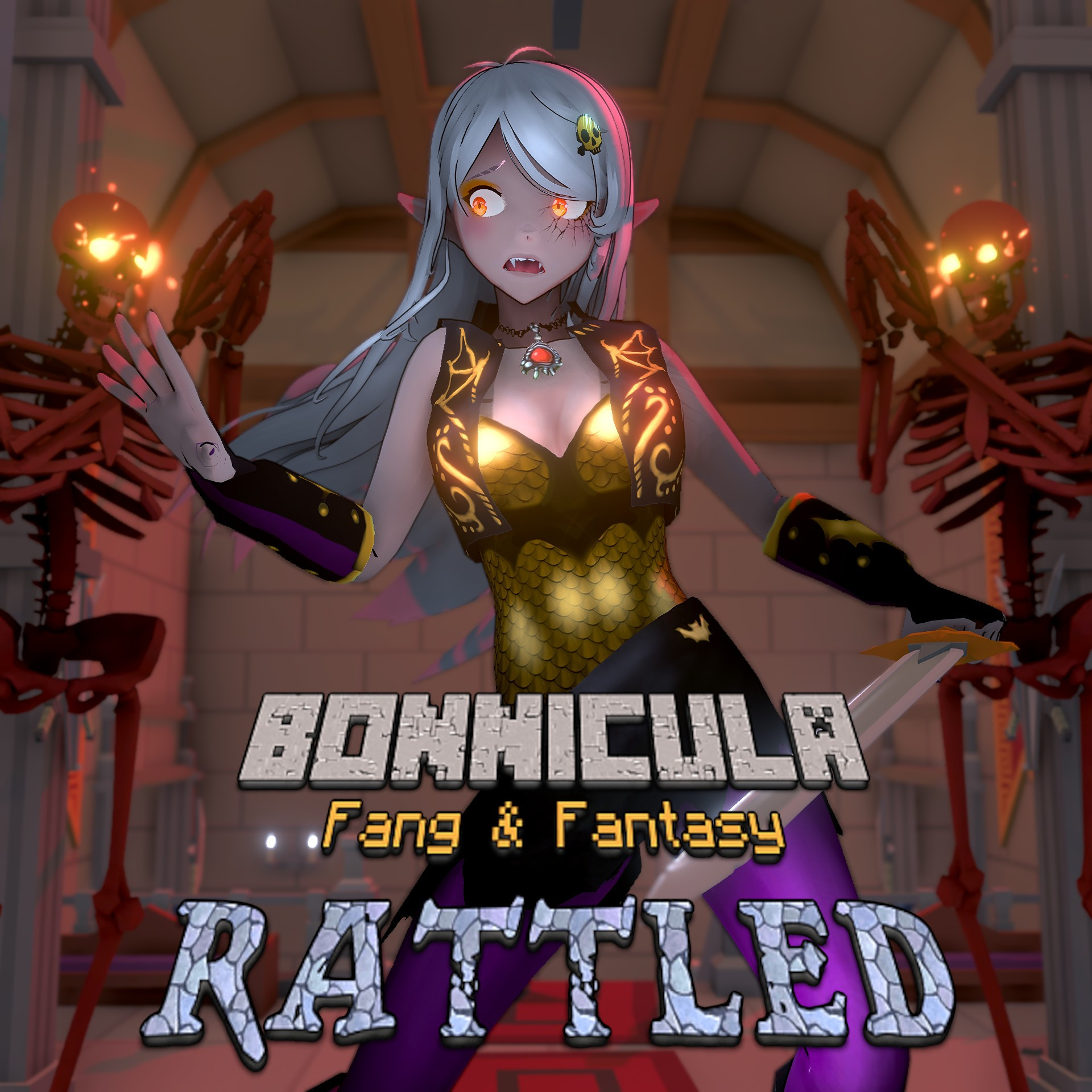 a female vampire adventurer with long white hair and gold armor stands in a gesture of alarm as she is flanked by two skeletons in a gesture of prayer with glowy eyes
text overlay reads "Bonnicula: Fang & Fantasy : Rattled"