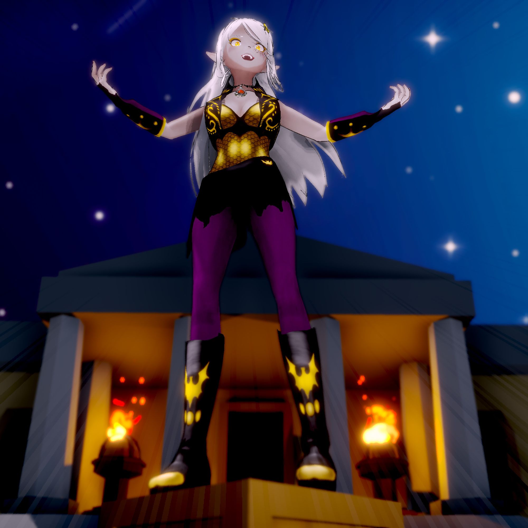 Bonnicula, female vampire vtuber adventurer with long white hair and gold armor, towering above the viewer as she makes a villainous speech, a flame-lit mausoleum behind her. She is standing on an apple crate