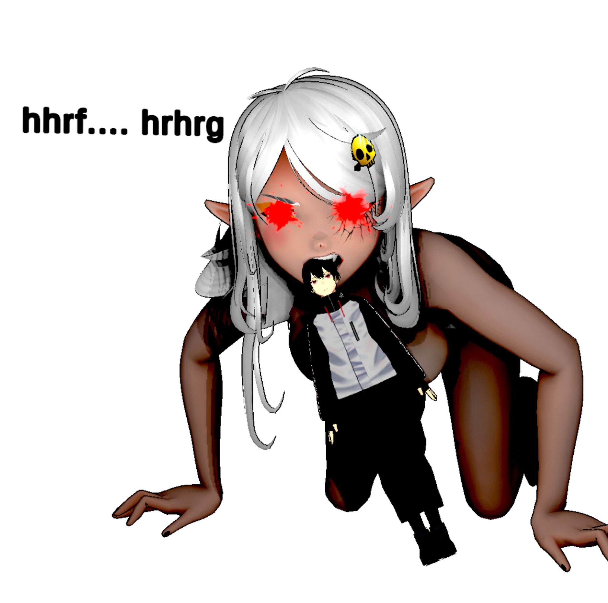 recreation of Feral Stick Figure Meme featuring a female vampire with long white hair on all fours with shining red eyes and a small humanoid in her mouth seething "hhrf.... hrhrg"