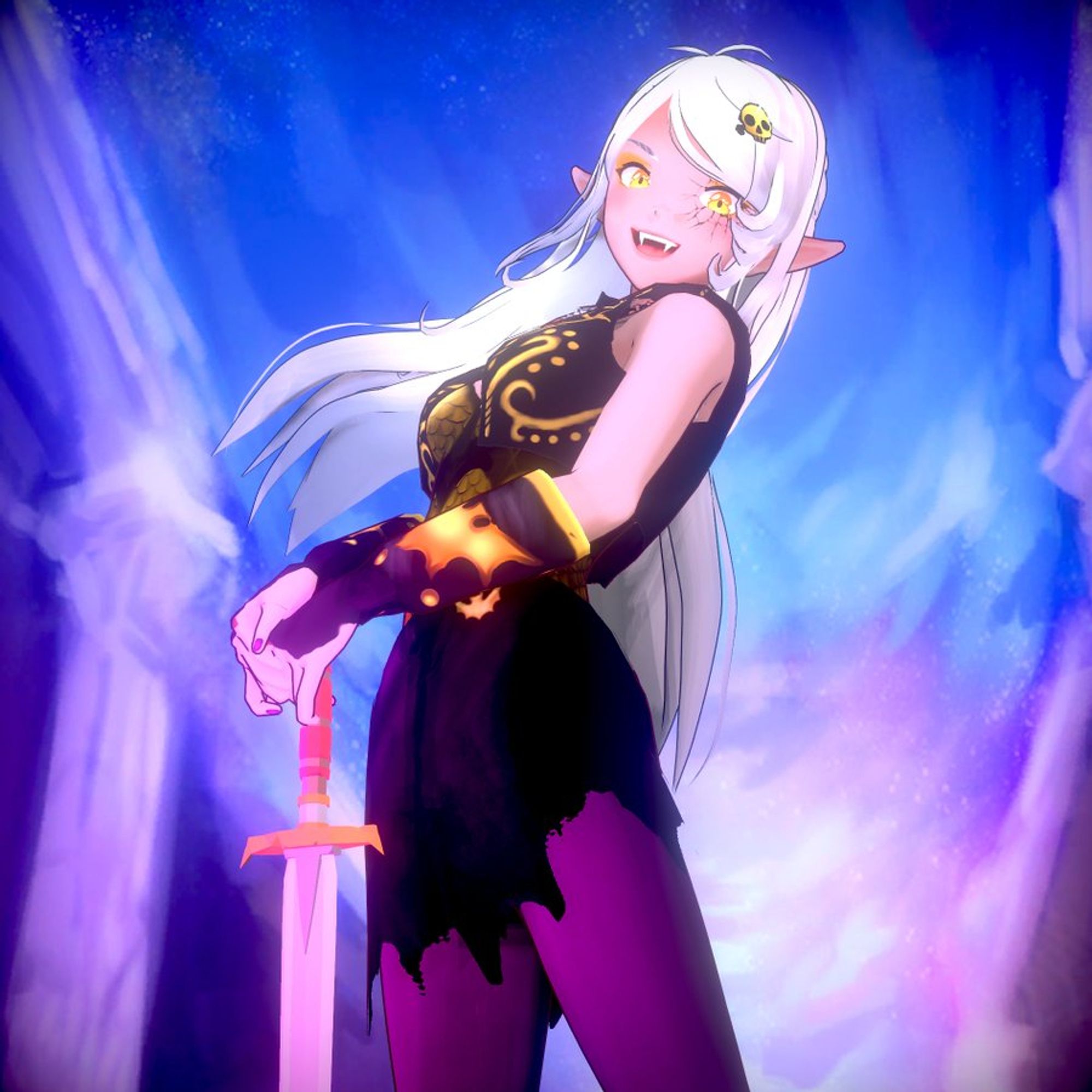 A female vampire adventurer with long white hair and gold armor poses with a sword against a swirly pink and blue sky