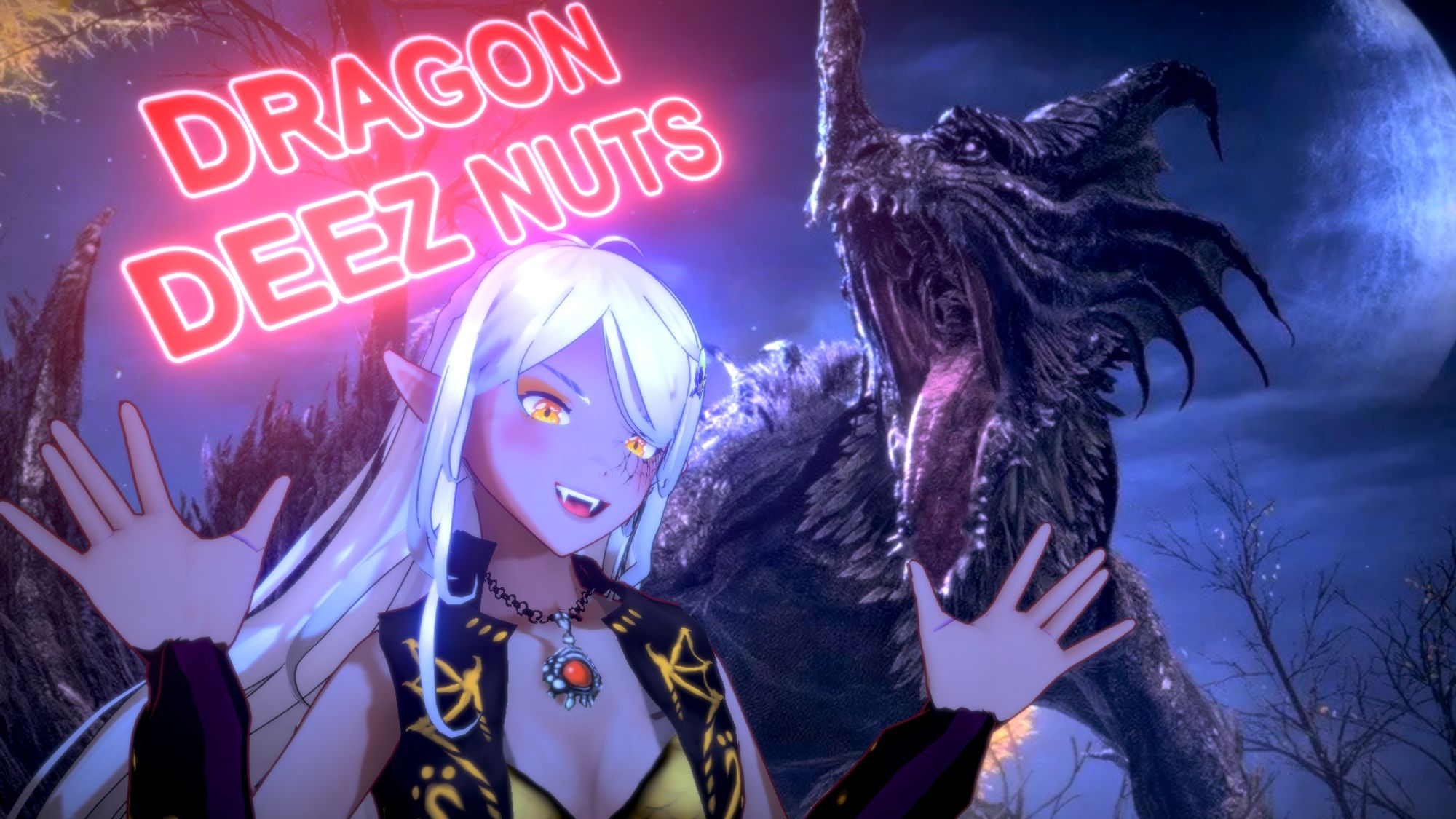 a female vampire adventurer with long white hair and gold armor makes jazz hands with a silly expression in front of a roaring dragon from elden ring. Text overlay reads "Dragon Deez Nuts"