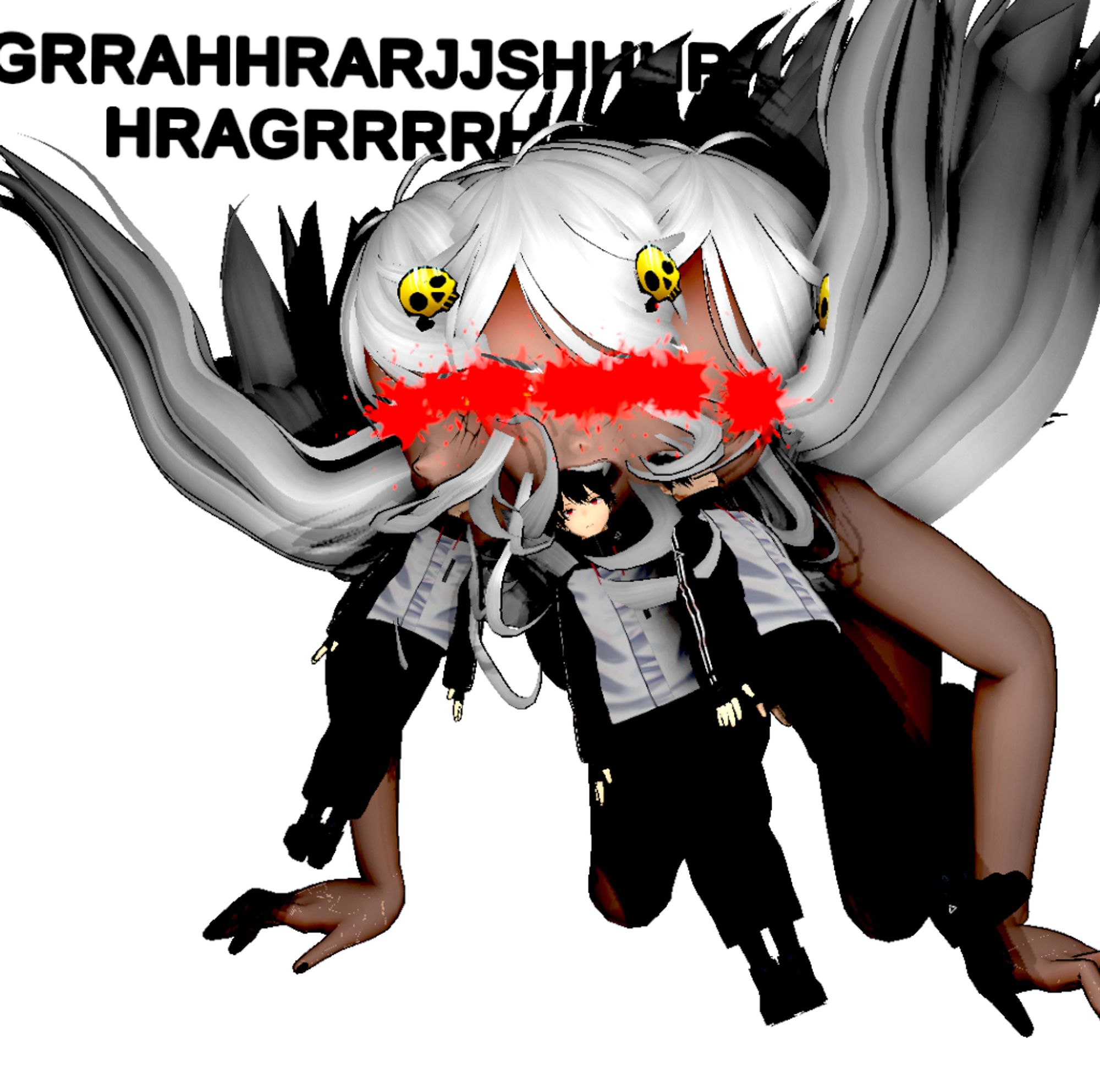 Second panel recreation of Feral Stick Figure meme featuring female vampire with long white hair on all fours with humanoid in her mouth, shaking the humanoid vigorously like a rat terrier, growling "GRRAHHRARJJSHHHHRHRAGRRRH"