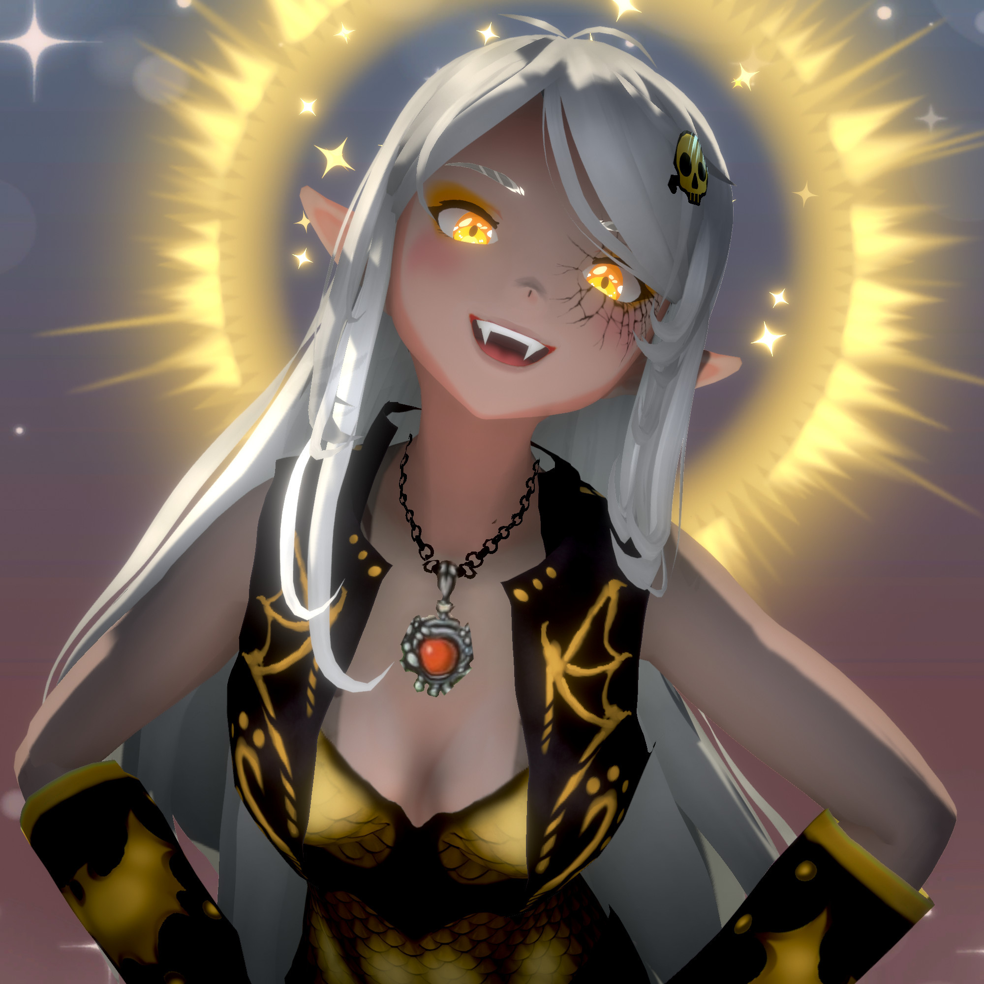 Bonnicula, female vampire vtuber adventurer with long white hair and gold armor, leaning forward with her hands on her hips, head illuminted with a glowy halo