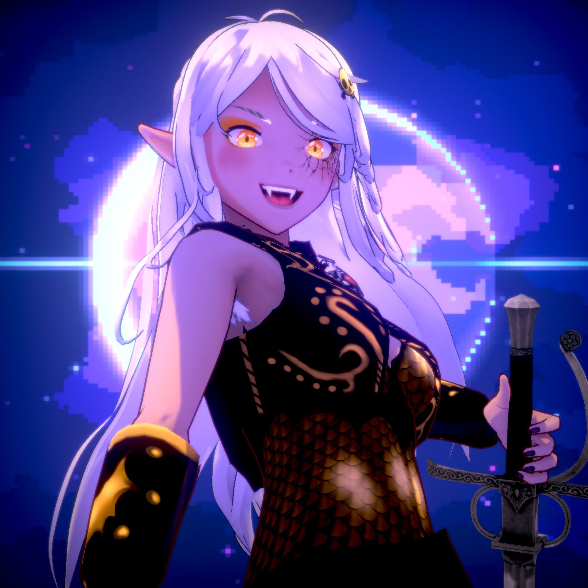 Female vampire adventurer with long white hair and gold scale armor poses coquettishly in front of a pixelated crescent moon with a renaissance-era arming sword in her left hand