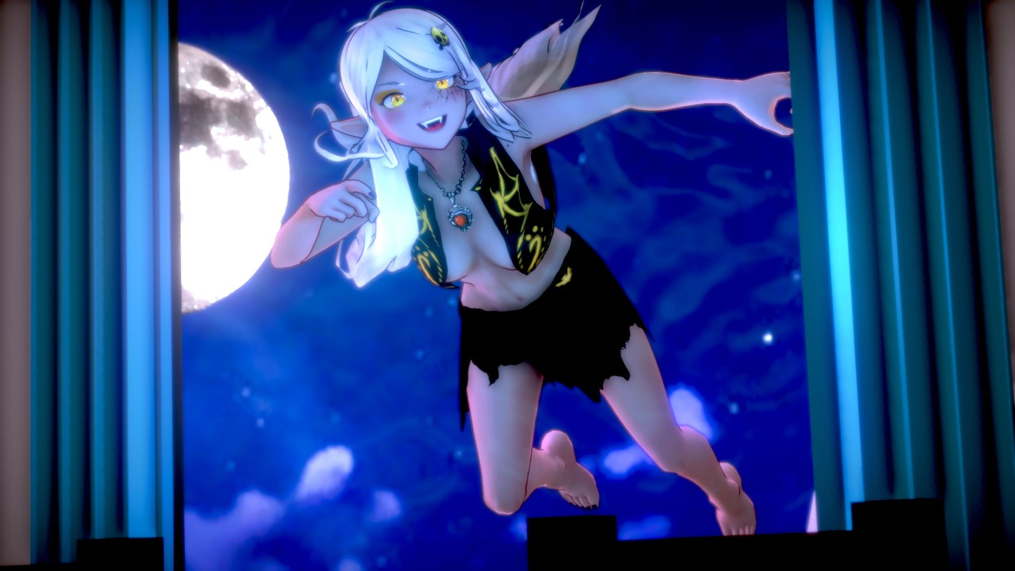 A female vampire with long white hair wearing an open vest and tattered skirt floats outside a window looking in at the viewer. The moon is illuminated behind her. She is knocking on the window with a beckoning expression on her face