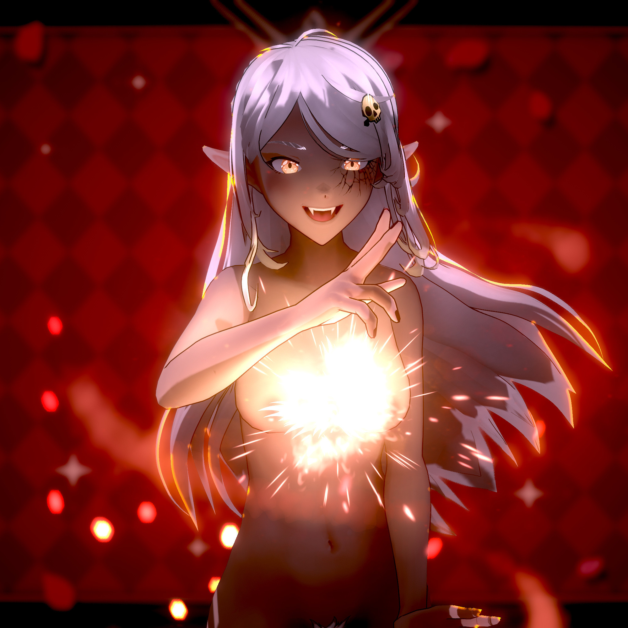 a nude female vampire with long white hair conjuring a burst of fire that conceals her chest poses cheekily in front of a red checkered background while flames lick up around her