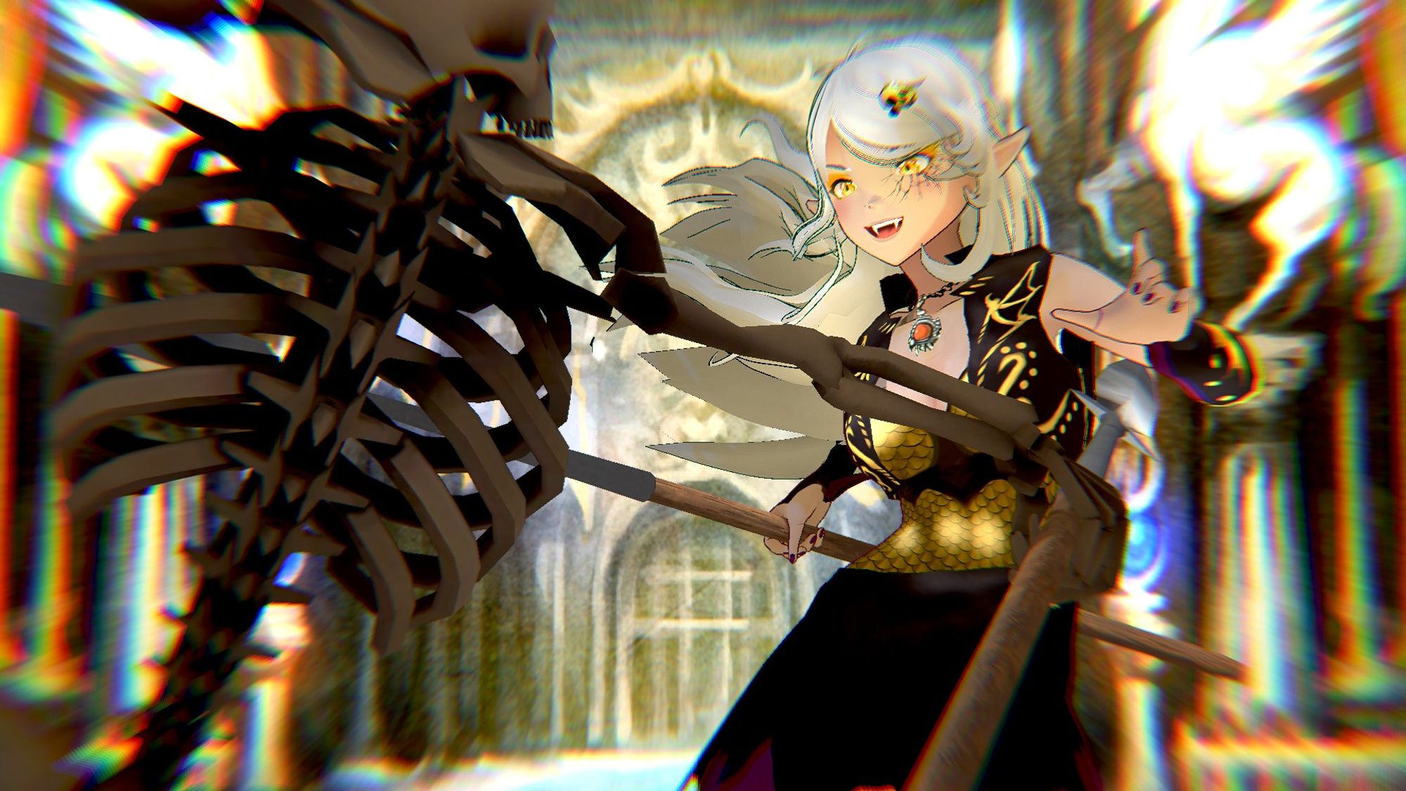 In a castle courtyard a female vampire adventurer with long white hair dodges a skeleton soldier's spear attack