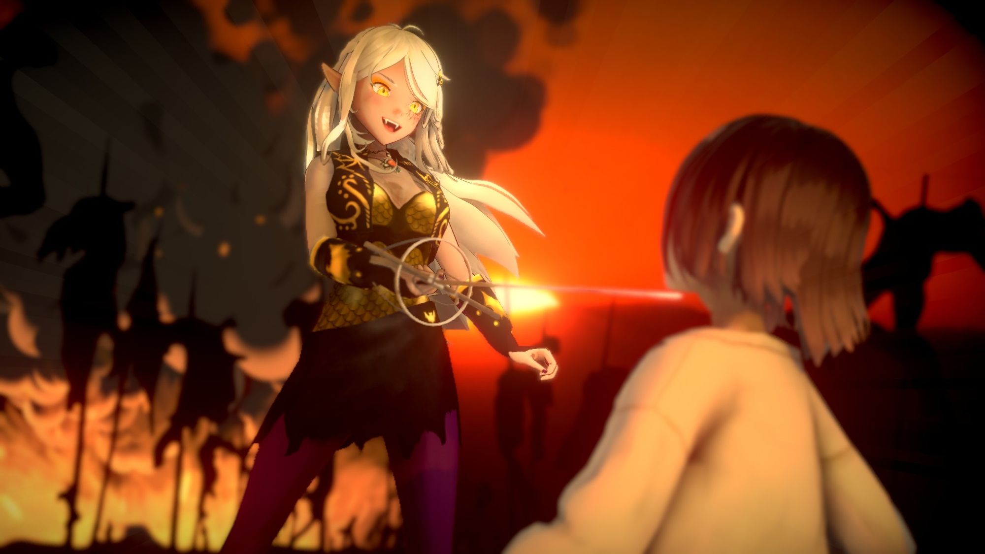 A female vampire adventurer with long white hair and gold armor stands on a battlefield at sunset. Impaled victims on sticks are in silhouette behind her. She is delicately lifting the chin of a vanquished foe with her rapier.