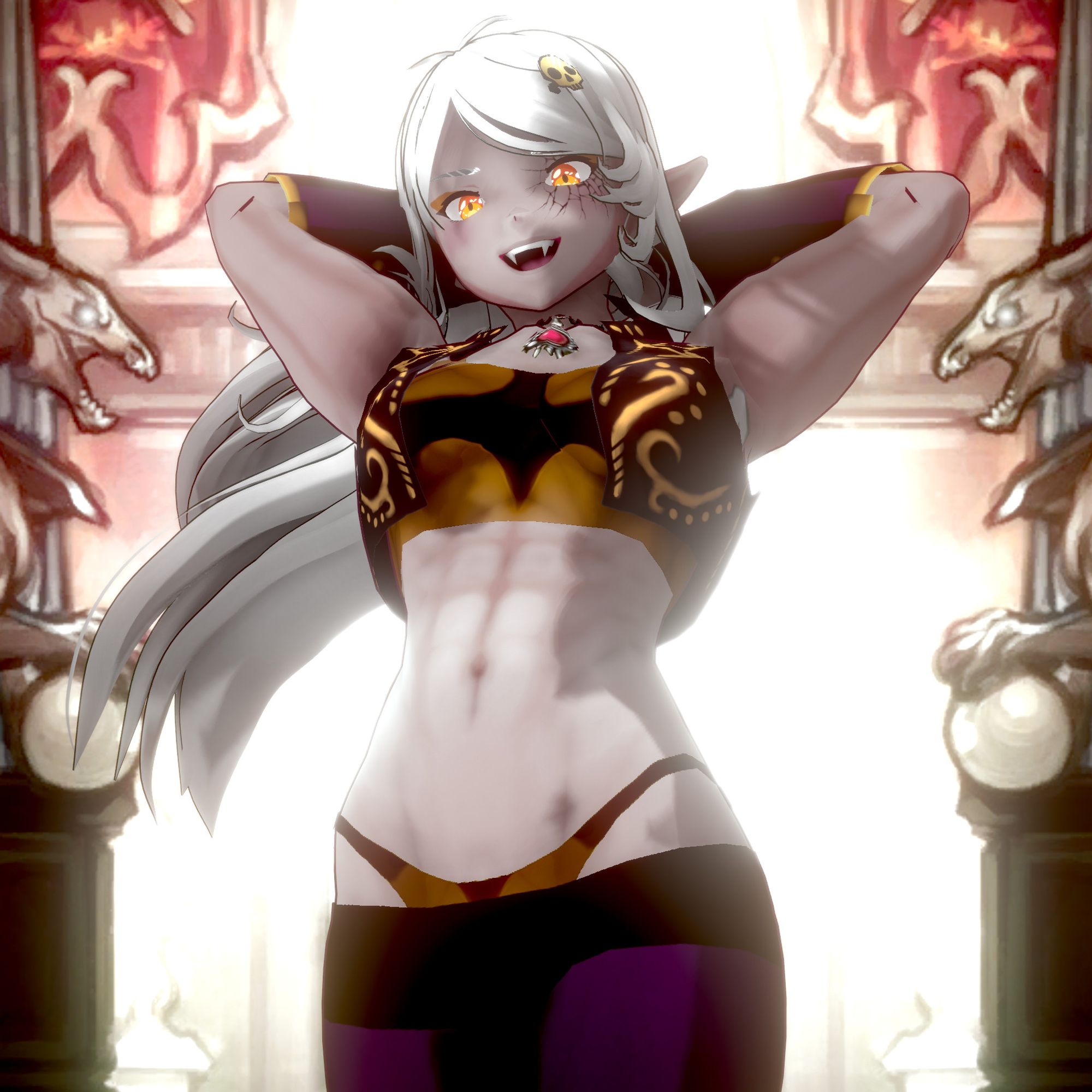 Bonnicula, vampire vtuber adventurer with long white hair and gold armor in her Buffnicula form with ripped abs and prominent muscles posing up in an illuminated archway flanked by lil dragon statues