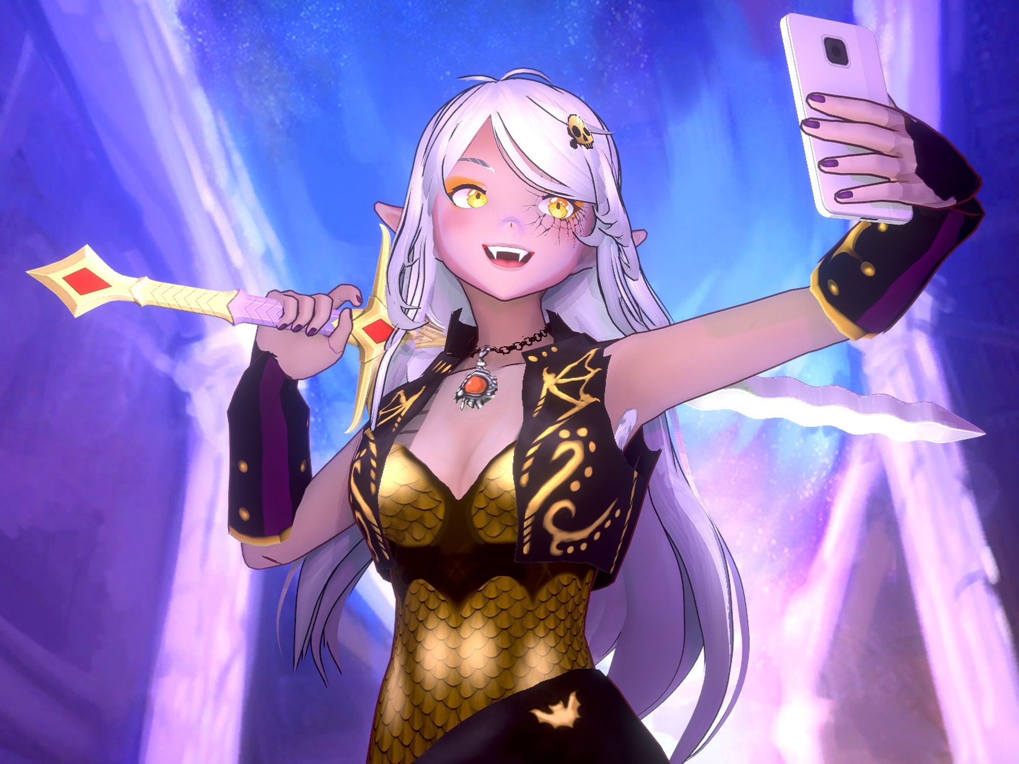 a female vampire adventurer with long white hair and gold armor cheerfully poses for a selfie with a phone in her left hand and an ornate two-handed sword in her right popped up on her shoulder