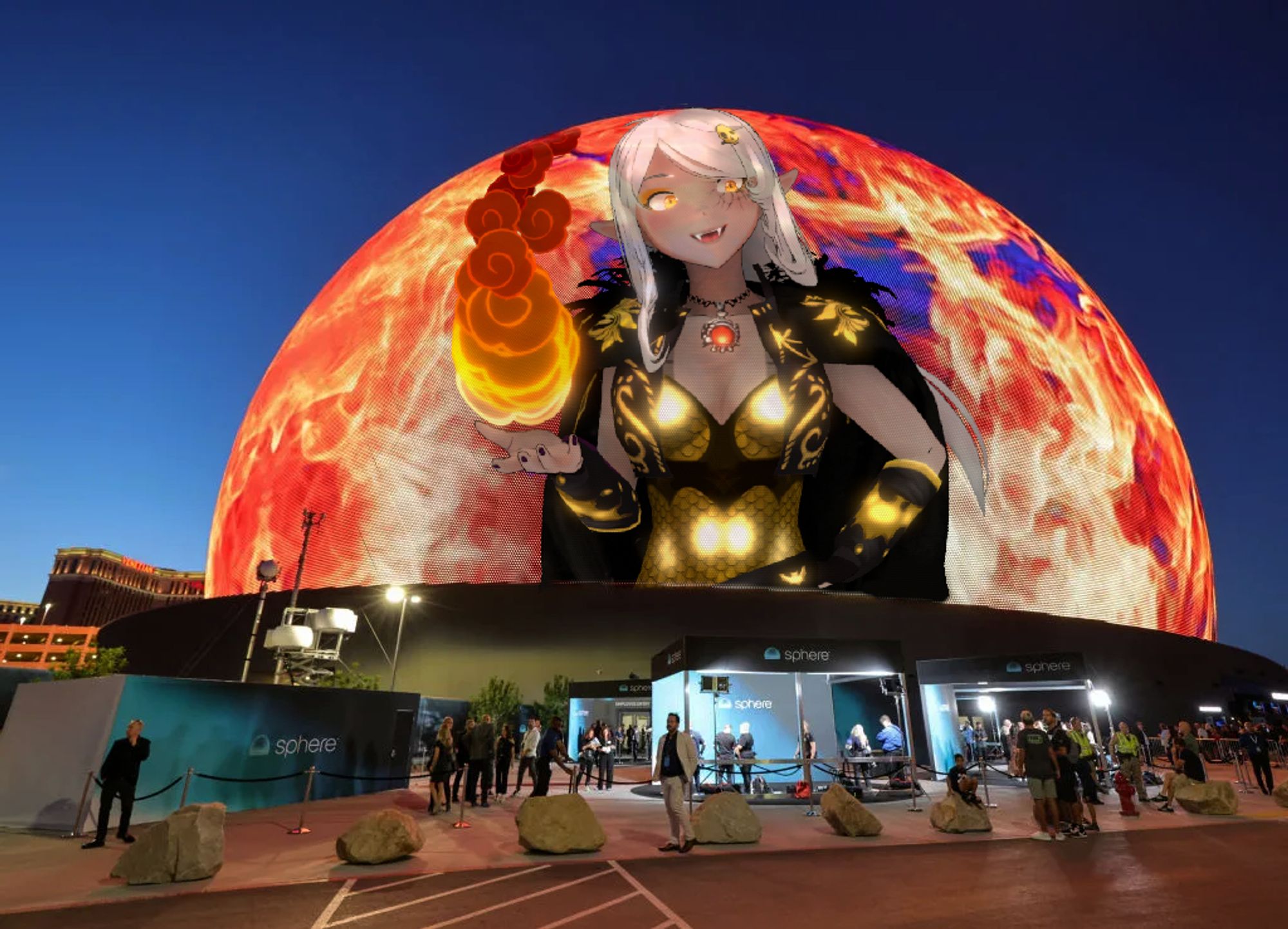 Bonnicula, female vampire vtuber with long white hair and gold armor projected on the giant Orb billboard