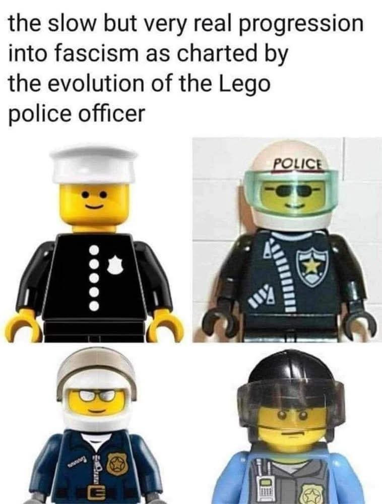 The slow but real progression into fascism as charted by the évolution of the lego police officier

Lego police officier looking meaner and meaner.