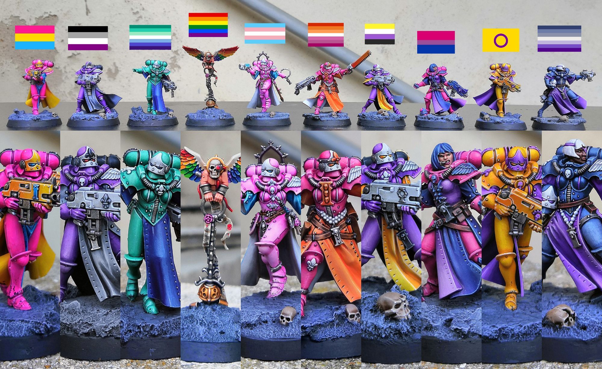 Sisters of battle painted using lgbt flags colors (left to right : pan, ace, gay, rainbow flag, trans, lesbian, enby, bi, interesex, butch.