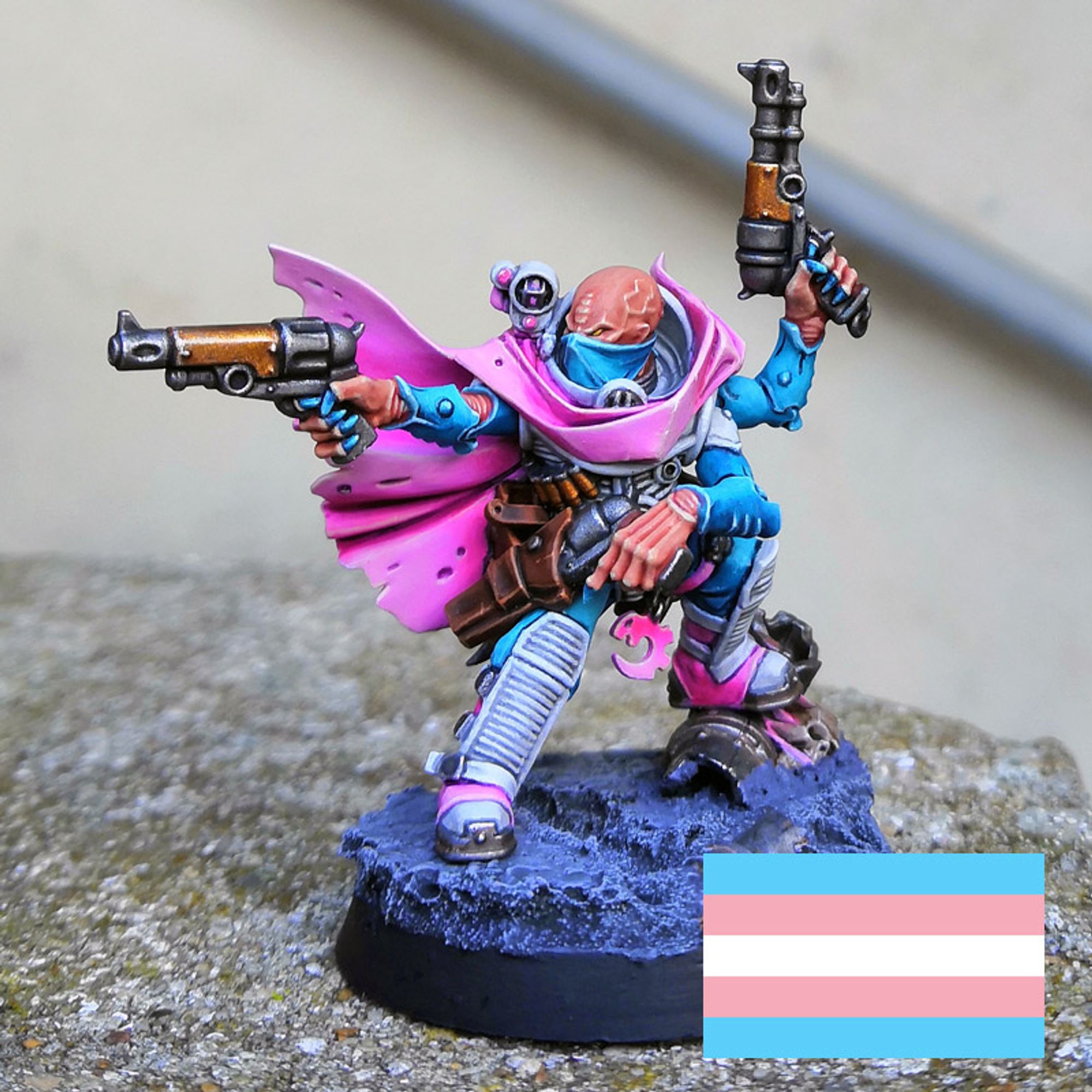 Kelermorph mini painted using the trans pride flag colors