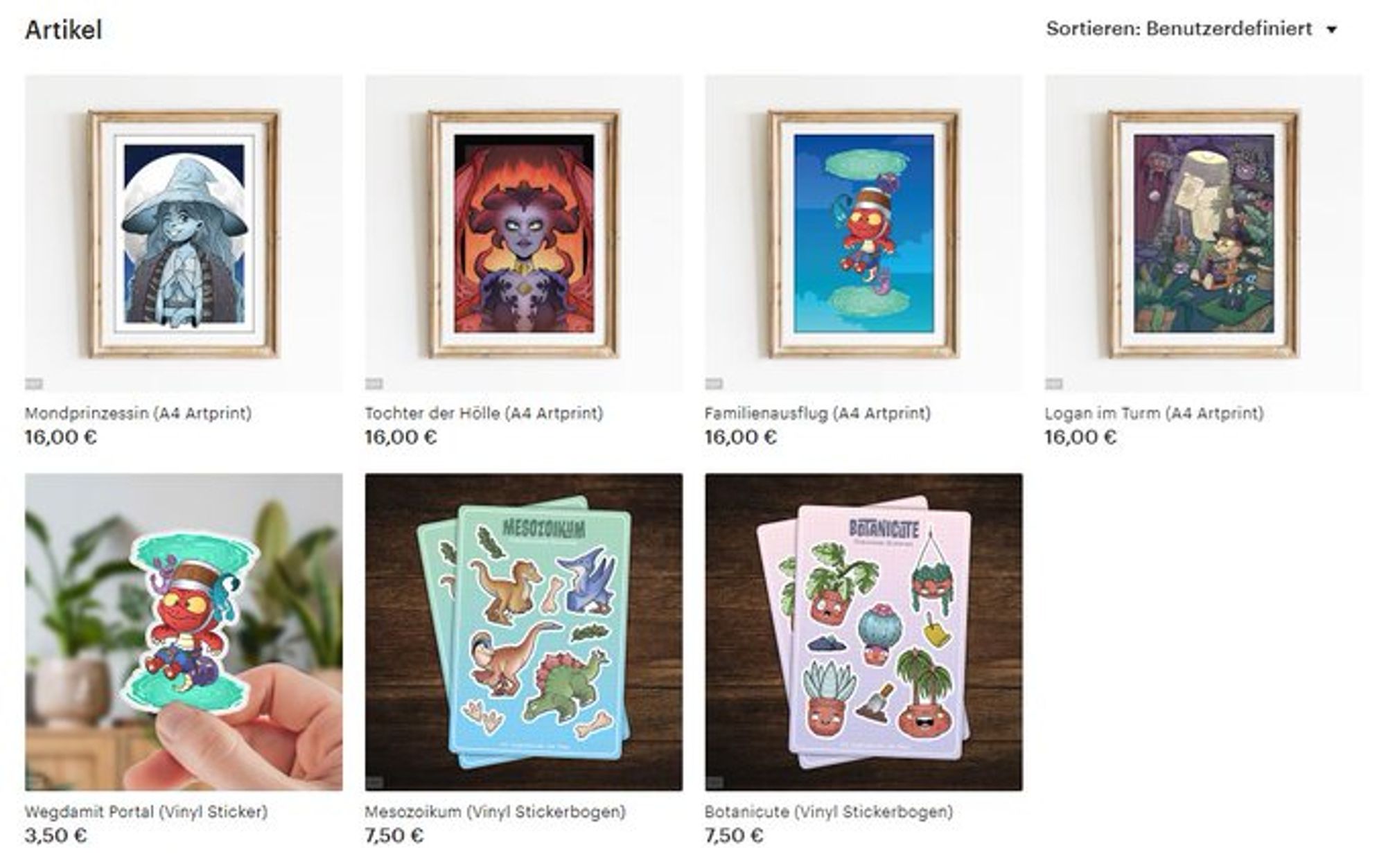 Screenshot des Shopangebots  mit vier Comic-Artprints, einem Sticker und zwei Stickersheets.