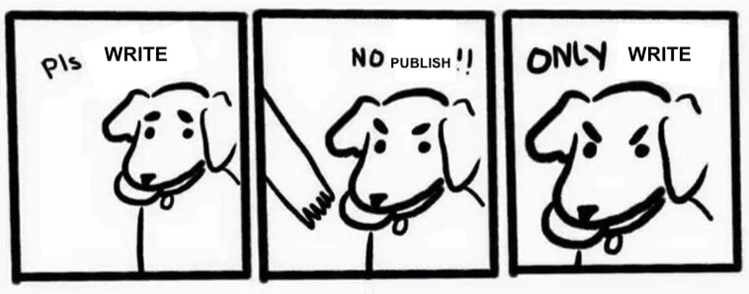 Version of the pls throw meme, which shows a dog that wants to play fetch with its owner by asking "please throw?" in reference to the toy in its mouth. However when the owner reaches for the toy, the dog says "No take. Only throw." This version reads: "Pls write" "No publish!!" "Only write"