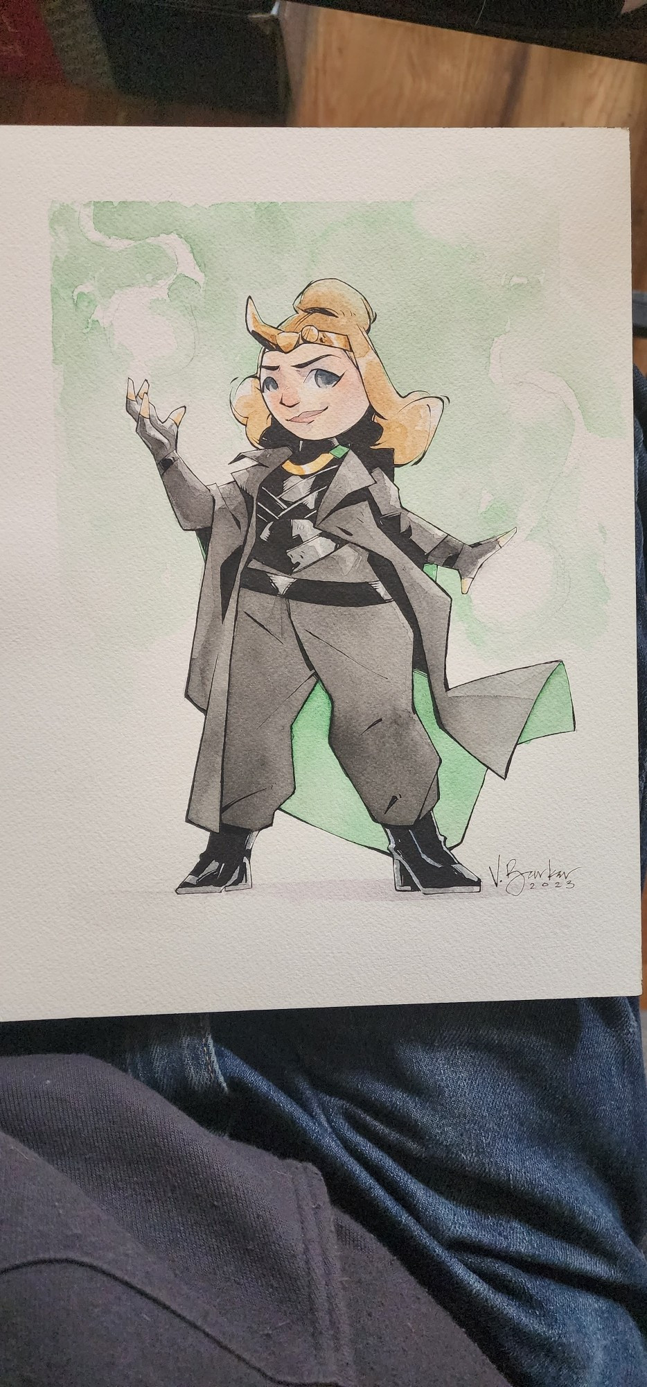 A watercolor painting of a cartoon woman. Sylvie, from Marvel Comics, stands in a power pose as she conjures from green atmospheric elements.