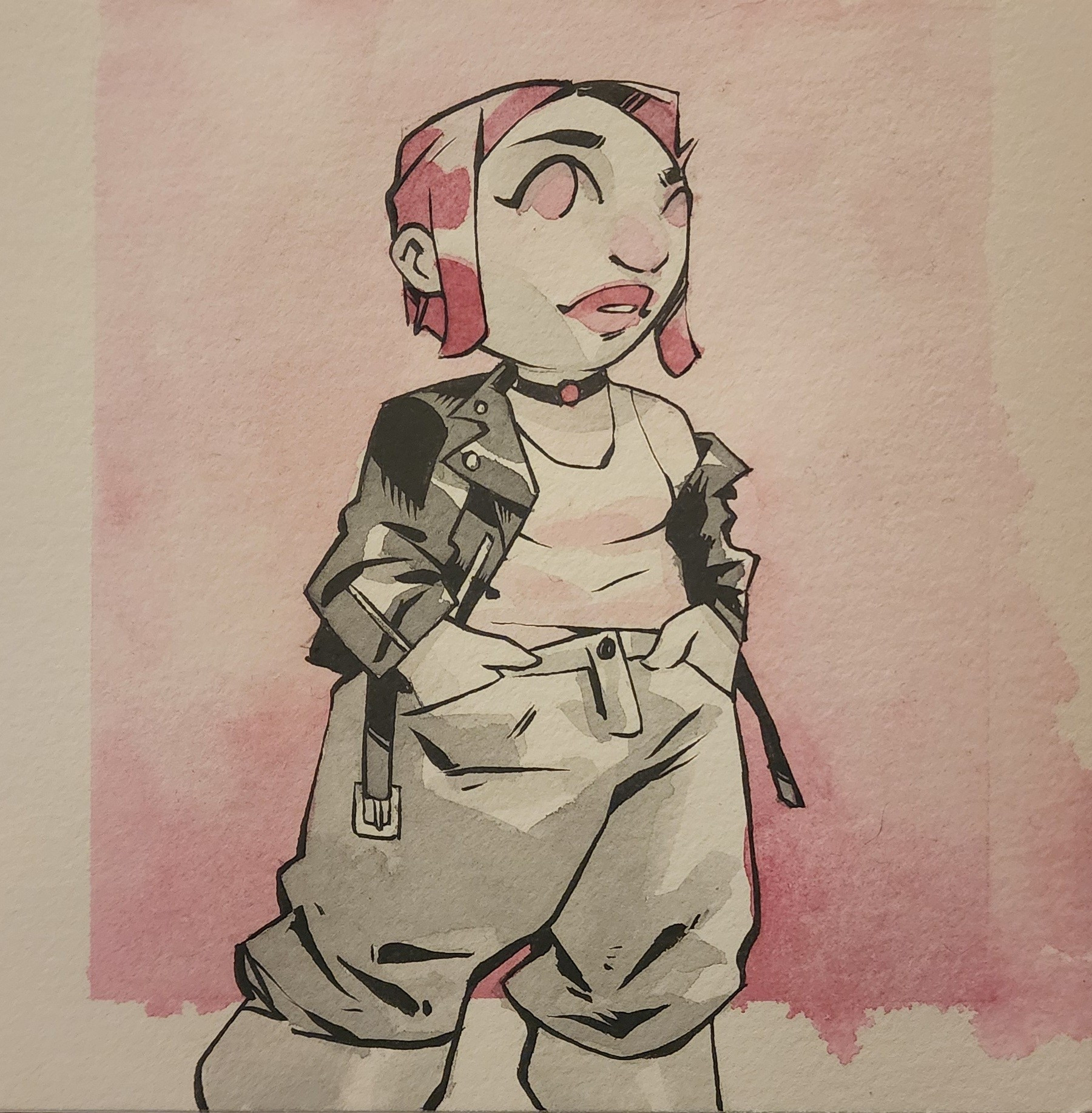 A cartoon watercolor painting of a woman in a leather jacket and baggy pants. The palette is black and pink.