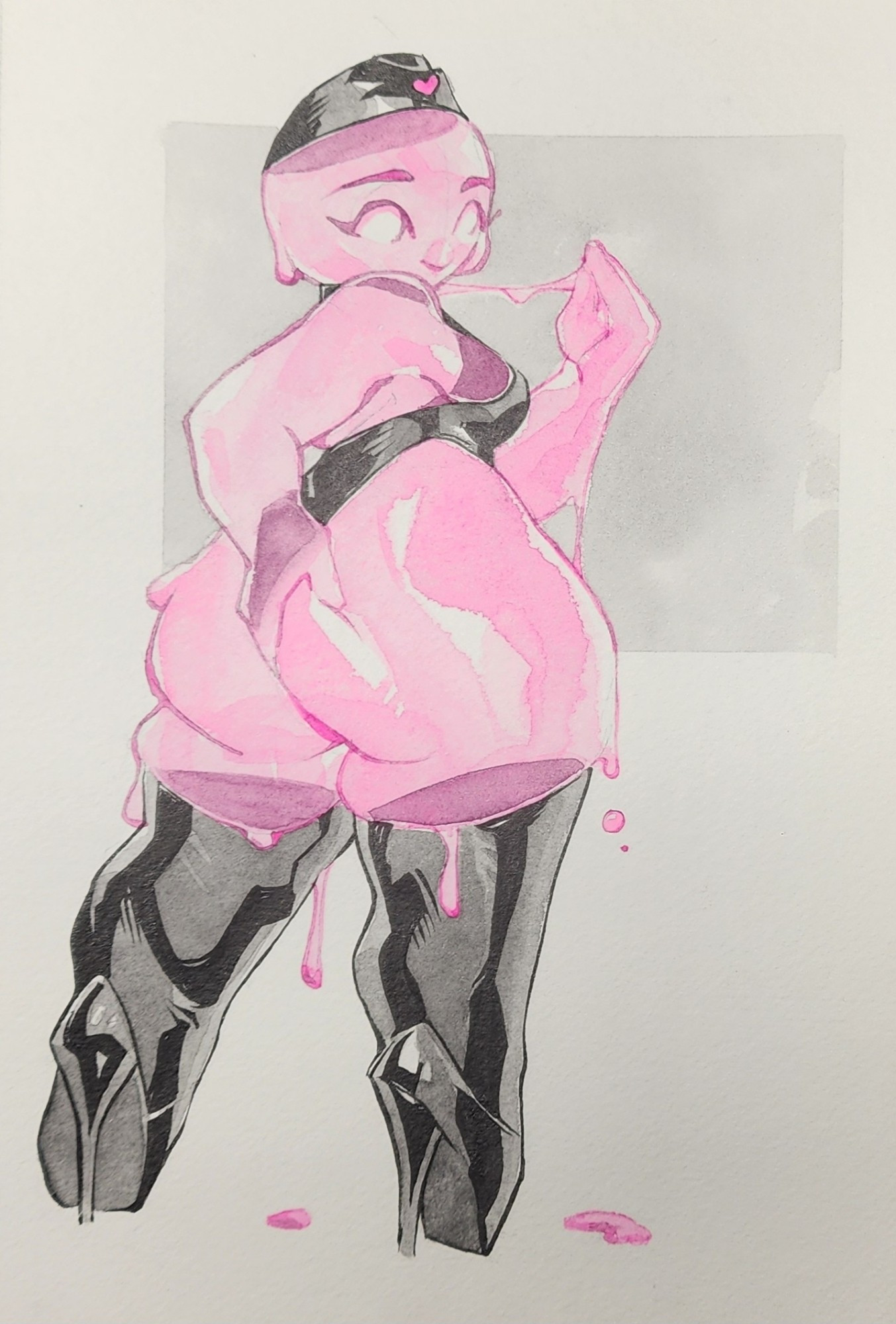 A cartoon painting of a slime girl in thigh high ballet boots.