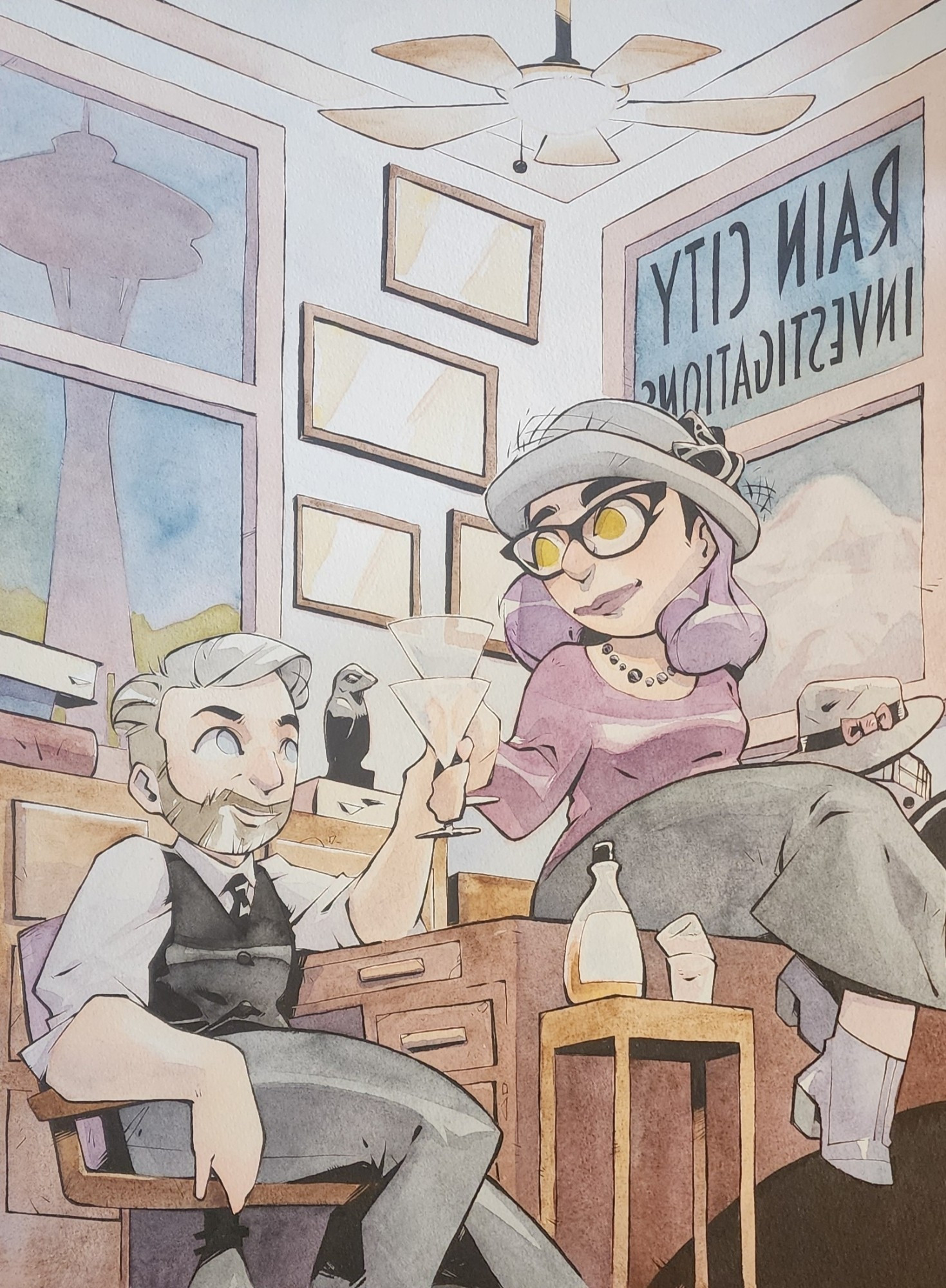 A full page watercolor painting of two figures sitting at a desk. They're celebrating with martinis in an office decked out in noir private detective elements. The Space Needle is visible through one of the windows.