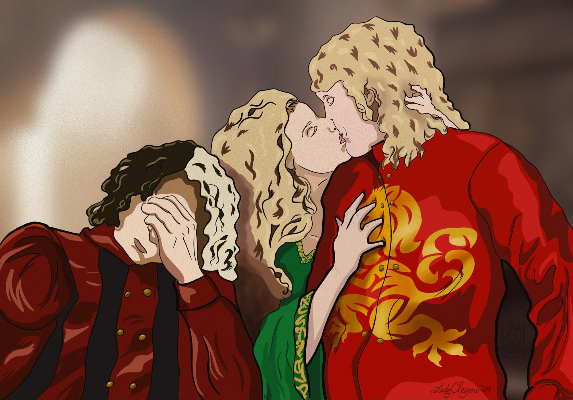 Cersei & Jaime kissing while Tyrion seems exasperated!