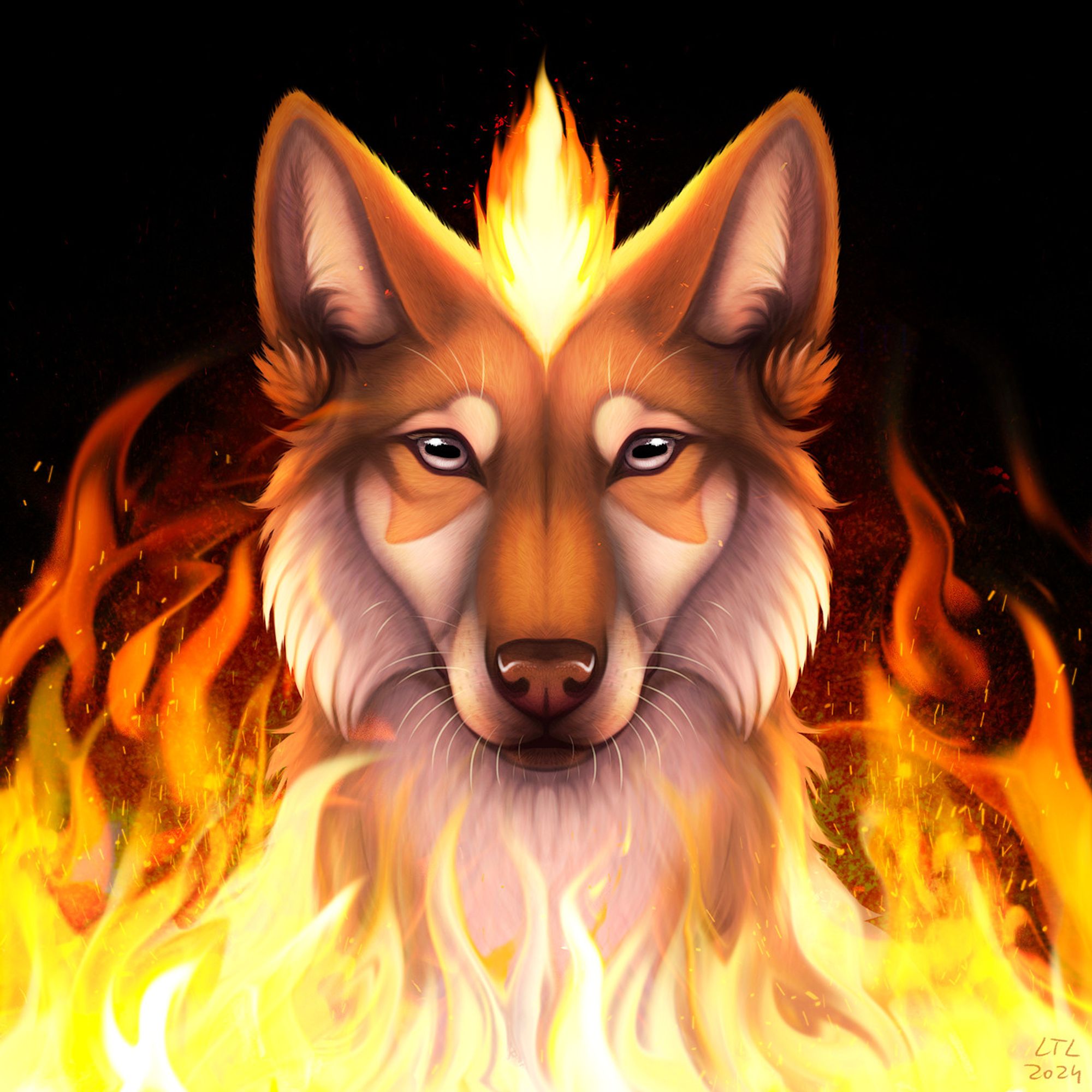 A symmetrical portrait of a blonde wolf surrounded by fire. There's a small fire on the top of her head. She is not burnt in any way and she is looking at the viewer.