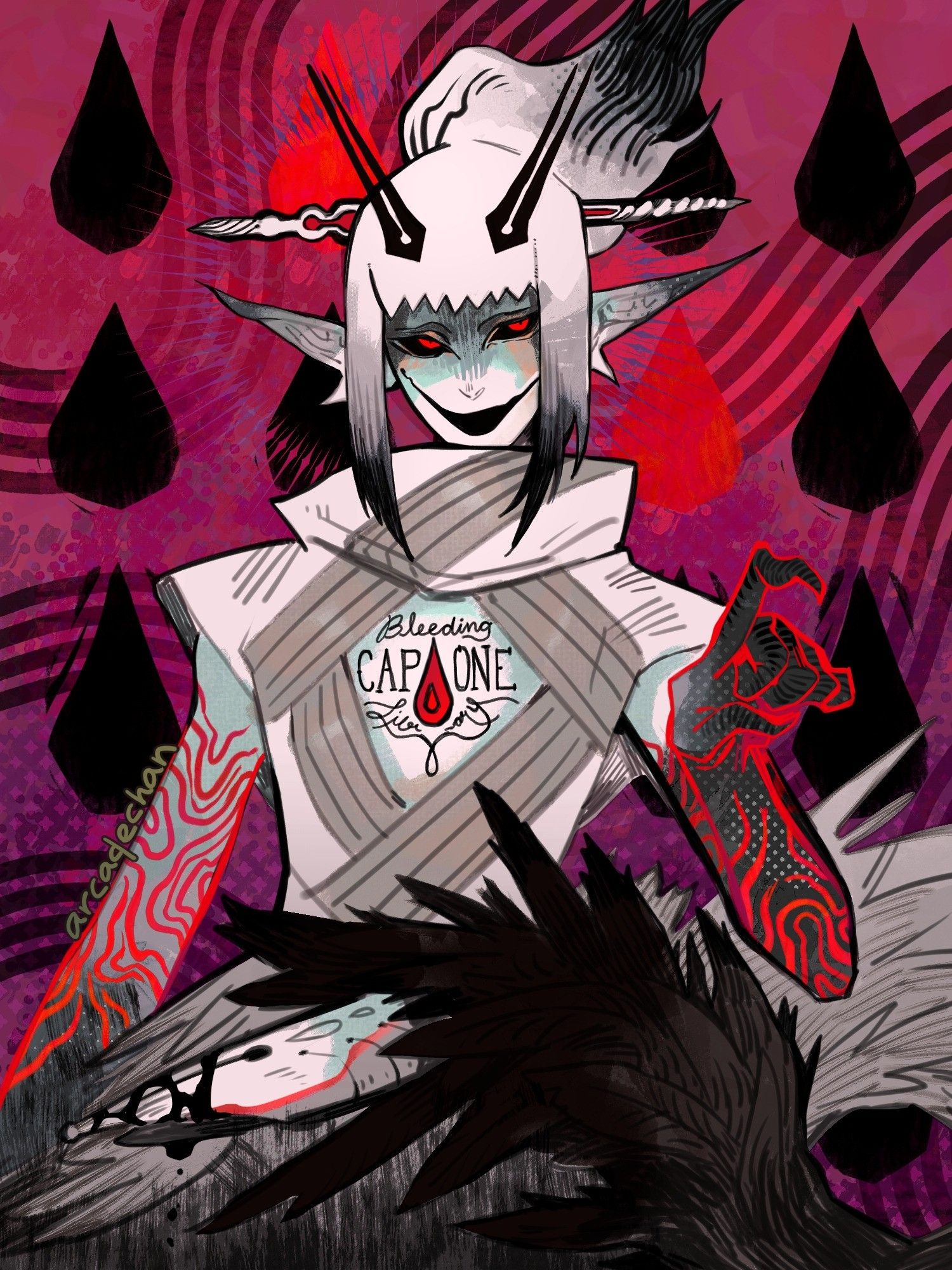 drawing of a character with white skin, white hair, darkened limbs with blood red marks, and an evil smile.