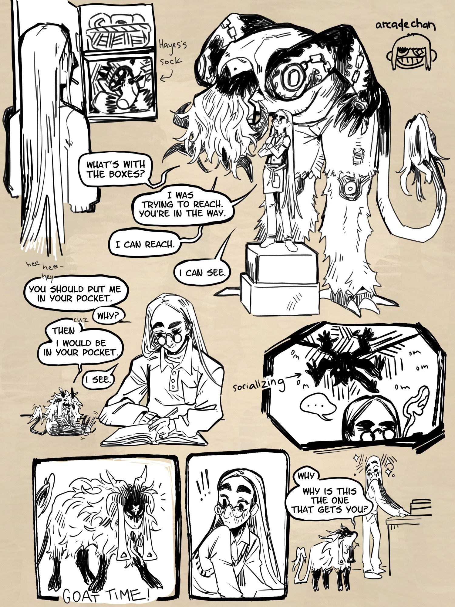 a sketch page, filled with drawings of the same two characters in various scenarios. There is dialogue between the two characters in speech bubbles. One character is a shapeshifter, and is seen in various sizes and shapes.