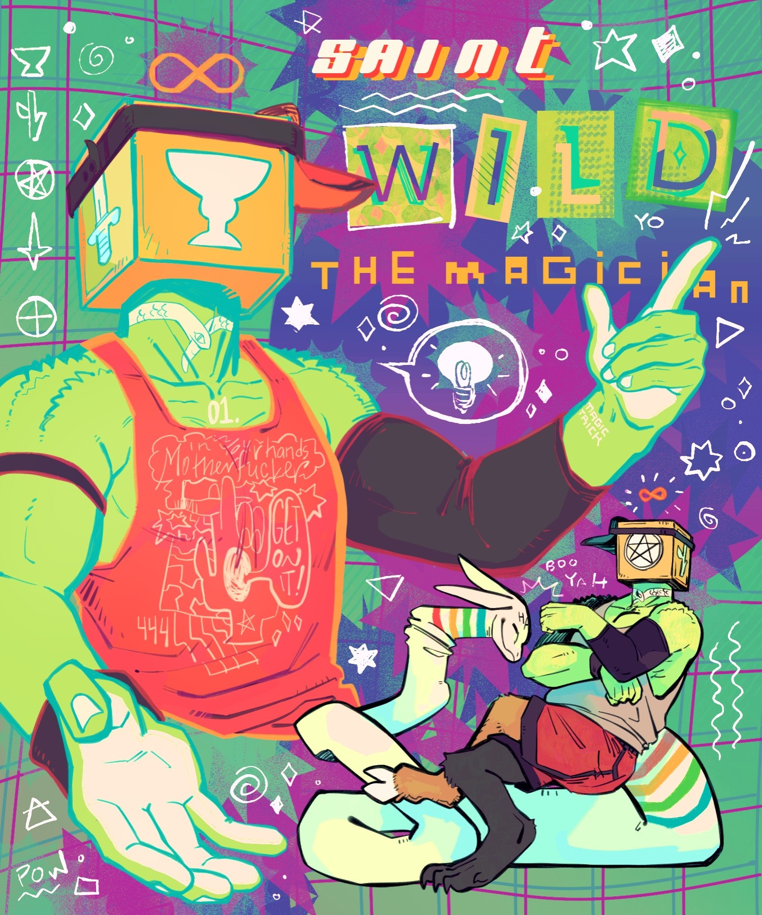 drawing of a character with a cube for a head, green skin, and a bright red tanktop. text in the background says "Saint Wild the Magician".