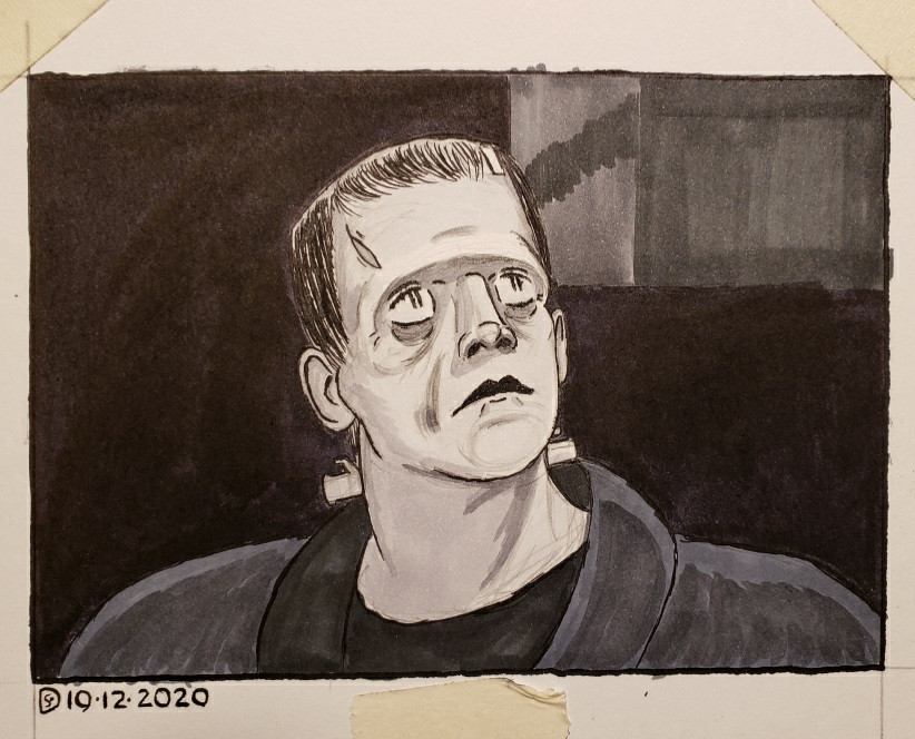 Pen and marker illustration of the scene from the 1931 "Frankenstein" in which the monster raises his eyes to see light from the outside world for the first time.