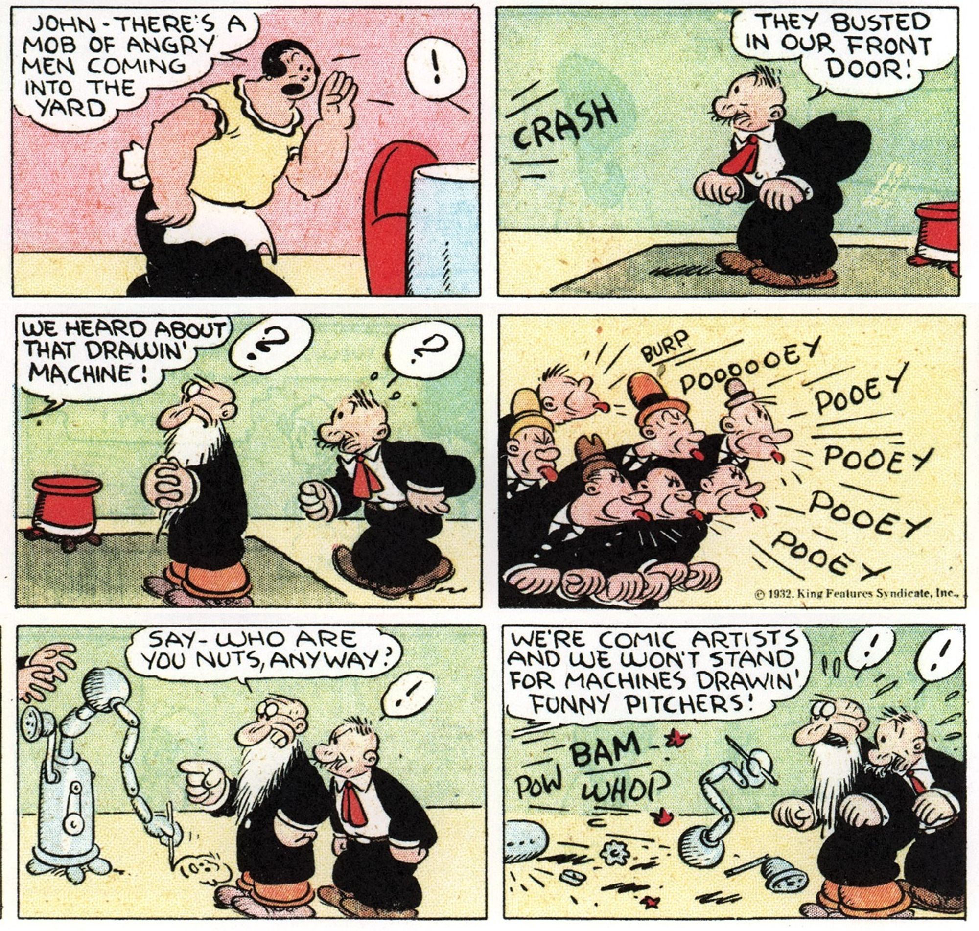 Cartoonist E.C. Segar's comic strip "Sappo" - wherein angry comic artists destroy a machine that draws funny pictures.