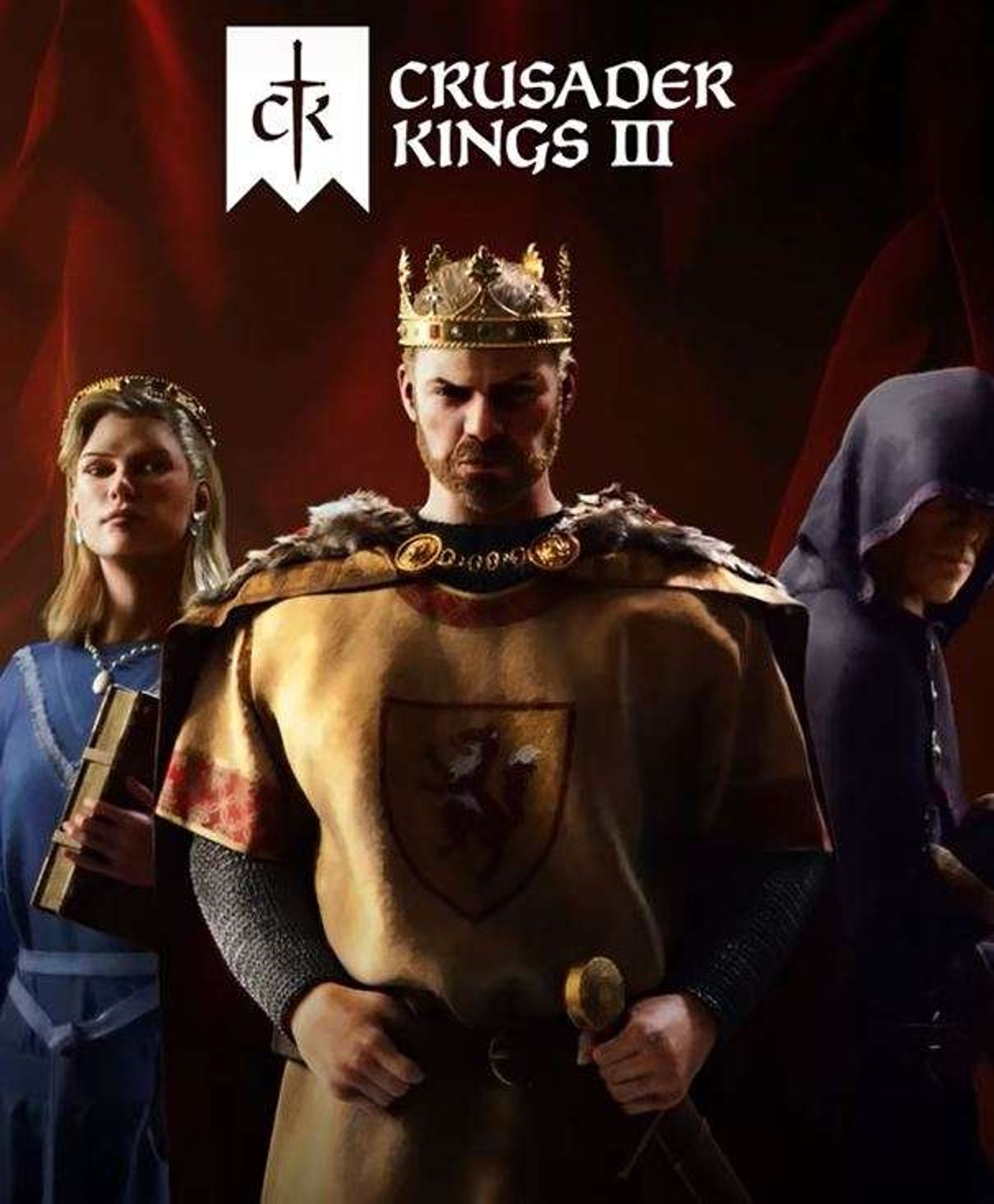 Cette image représente la couverture du jeu vidéo Crusader Kings III. La couverture présente trois personnages, un au centre portant une couronne et deux de chaque côté. Le personnage central porte une couronne en or et une cape bordée de fourrure et d'une épée dans la main gauche. Le personnage à gauche tient un livre et le personnage à droite porte une cape à capuche. L’arrière-plan est rouge avec le logo du jeu en noir et blanc dans le haut.