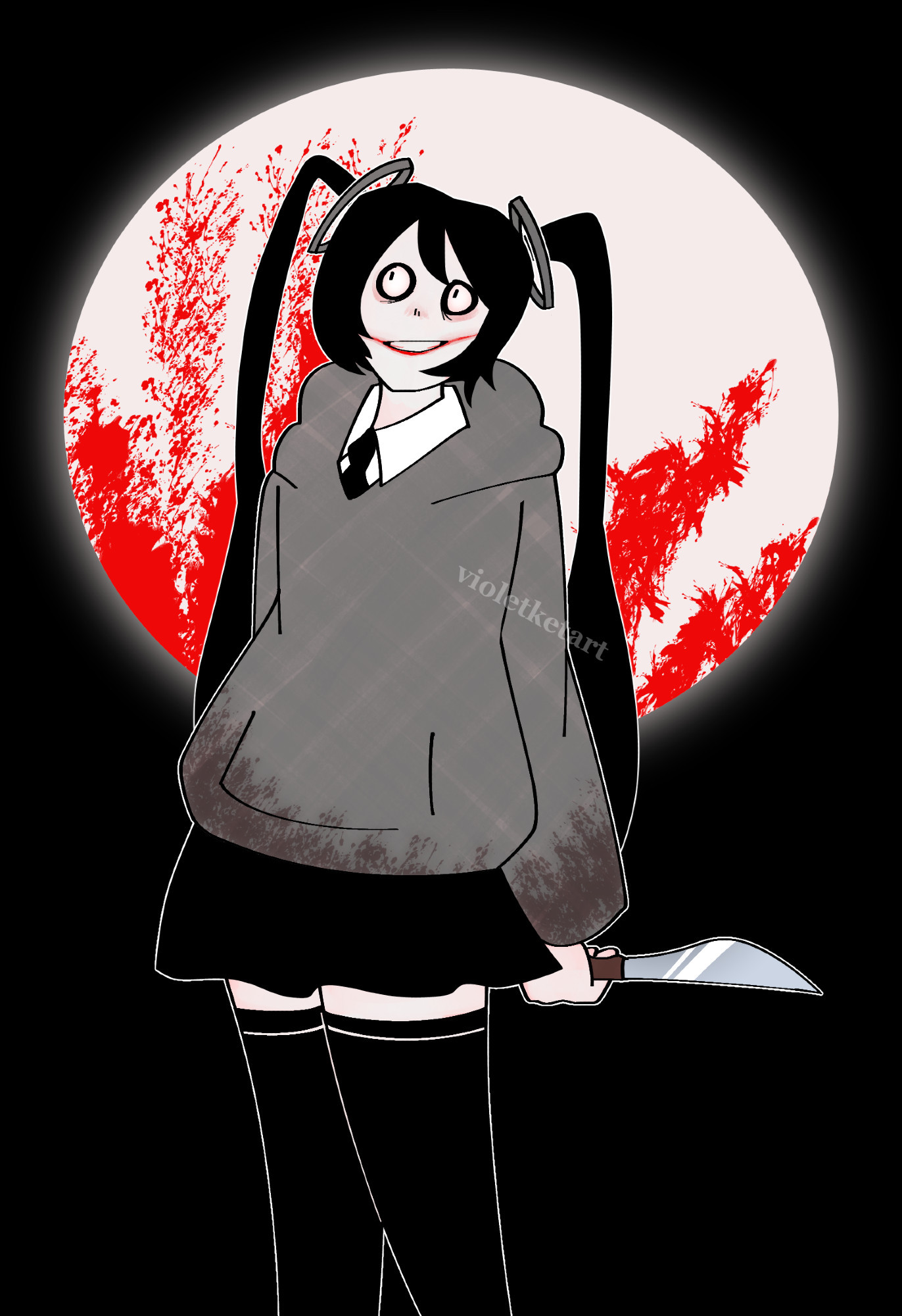 a digital drawing of Miku the Killer, a fusion between Jeff the Killer and Hatsune Miku, standing in front of a bloody moon. She has long black hair in her signature pigtails, with sunken black eyes and a scarred smile. She is wearing a white dresshirt and tie under a gray hoodie with a black skirt and thigh high socks. she is looking up to the sky while holding a knife behind her