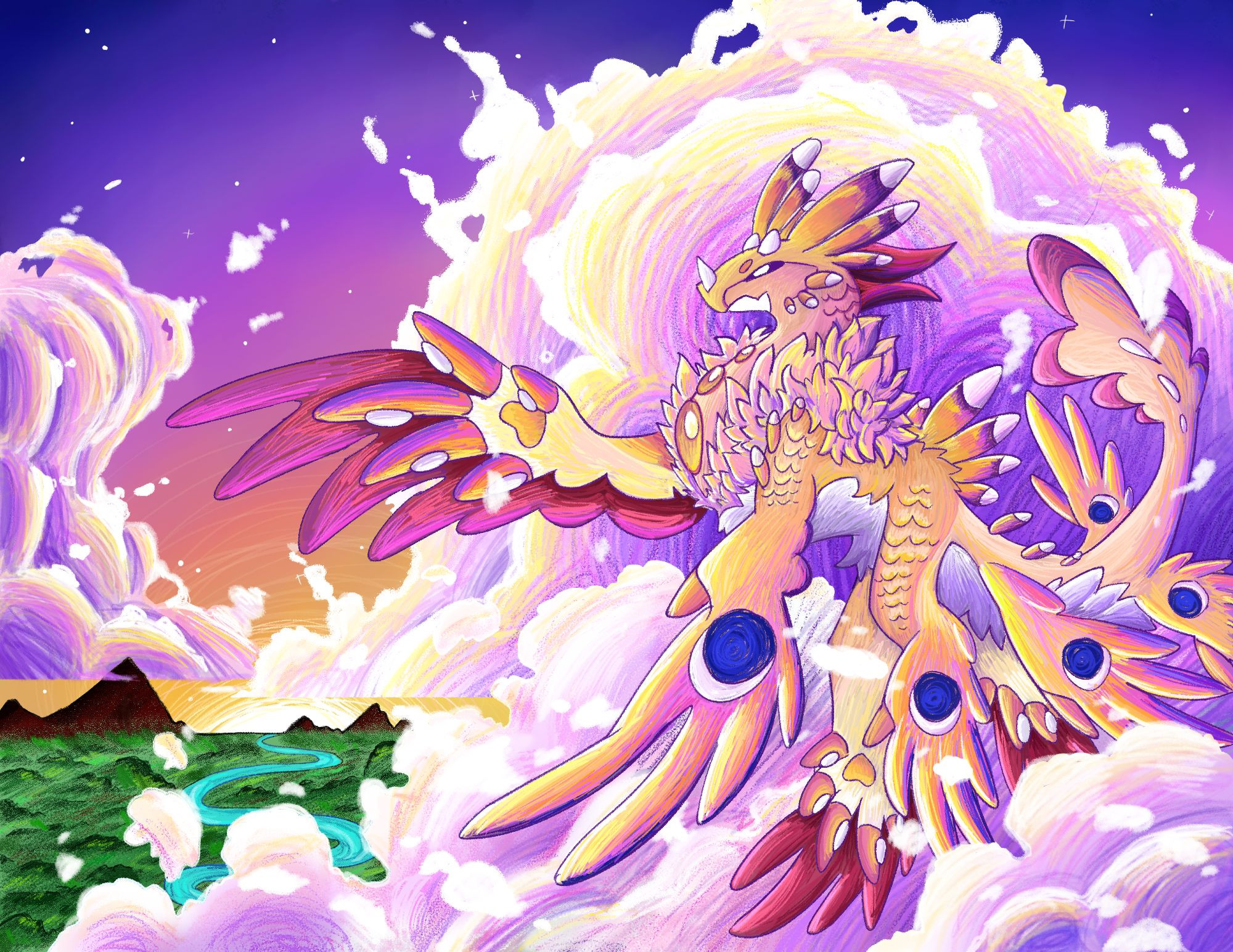 Colorful crayon-like painting depicting a 6-winged gold and pink dragon with blue/white moon markings, yellow fur, 6 antennae, and 3 gold gems on their chest flying through clouds in the sunset. In the distance, a green forest with mountains and winding river can be seen in the bottom left.