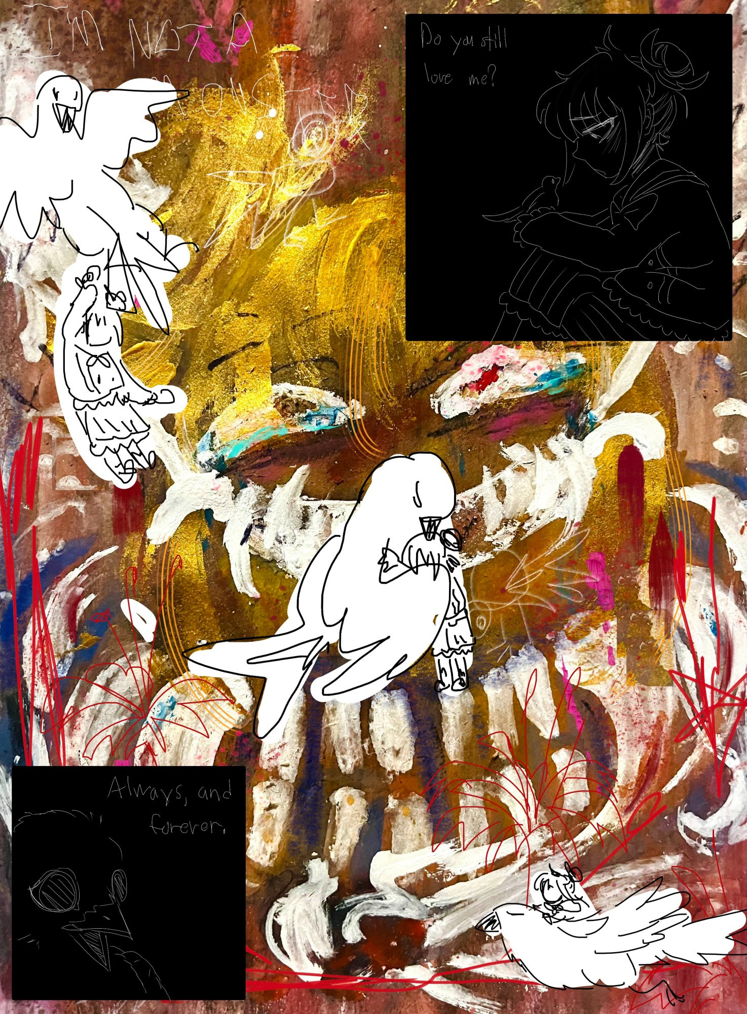 Portrait of abstracted Himiko (blonde, twin buns, toothed blue scarf) tearfully smiling as blood, dead birds, and spider lilies surround her. Top left: Young Himiko clings to a flying bird's foot. Center: Himiko hugs the bird. Bottom right: Himiko flying on the bird's back. Top right: Black box with Himiko looking at the bird on her fingers with the line "Do you still love me?" Bottom left: Black box, close-up of the bird's face with line "Always, and forever."