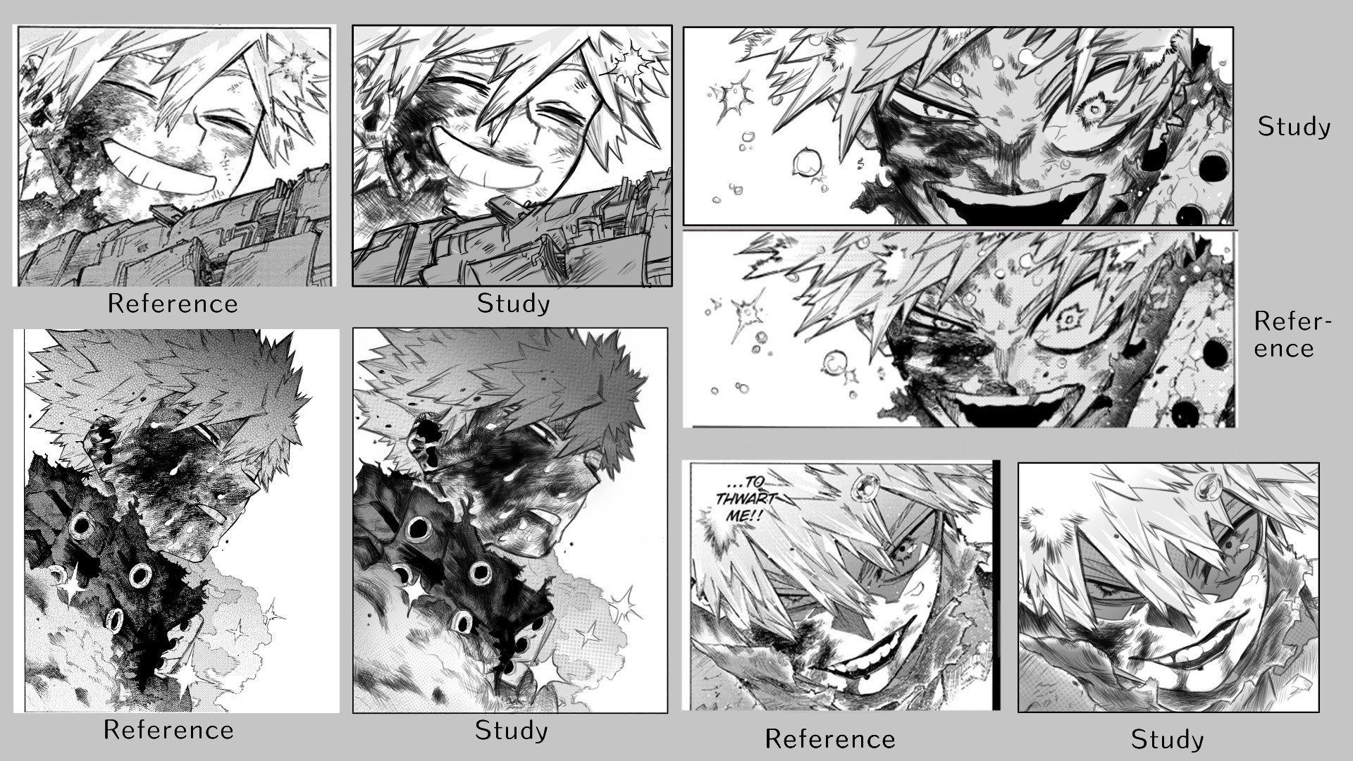 4 pairs of art-style studies and accompanied reference images of Bakugou Katsuki. Top left pair: Close up injured Bakugou smiling while holding a biomechanical art up with a playful spark above his head. Bottom left pair: Bust-up of bloody and sweaty Bakugou moving through smoke and miniature explosions, looking peaceful. Top right pair: Close-up of Bakugou's face as he yells at the viewer, his face is bloody and small bubbly sprout off him. His expression is determined, with one eye wide open and the other squinting as he yells. Bottom right pair: Close-up of Bakugou looking at the screen with blood on his right cheek, nitroglycerin bubbles floating with emphasis on his battered hero outfit and shadowed face.