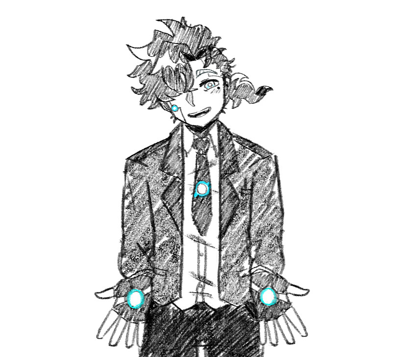 Sketch of a smiling cyborg/android with a sectioned face in formal business attire: blue circles on palms and right cheek, and mole under left eye. Short wavy bangs cover their right eye, left side of their hair is tied back into a short ponytail.