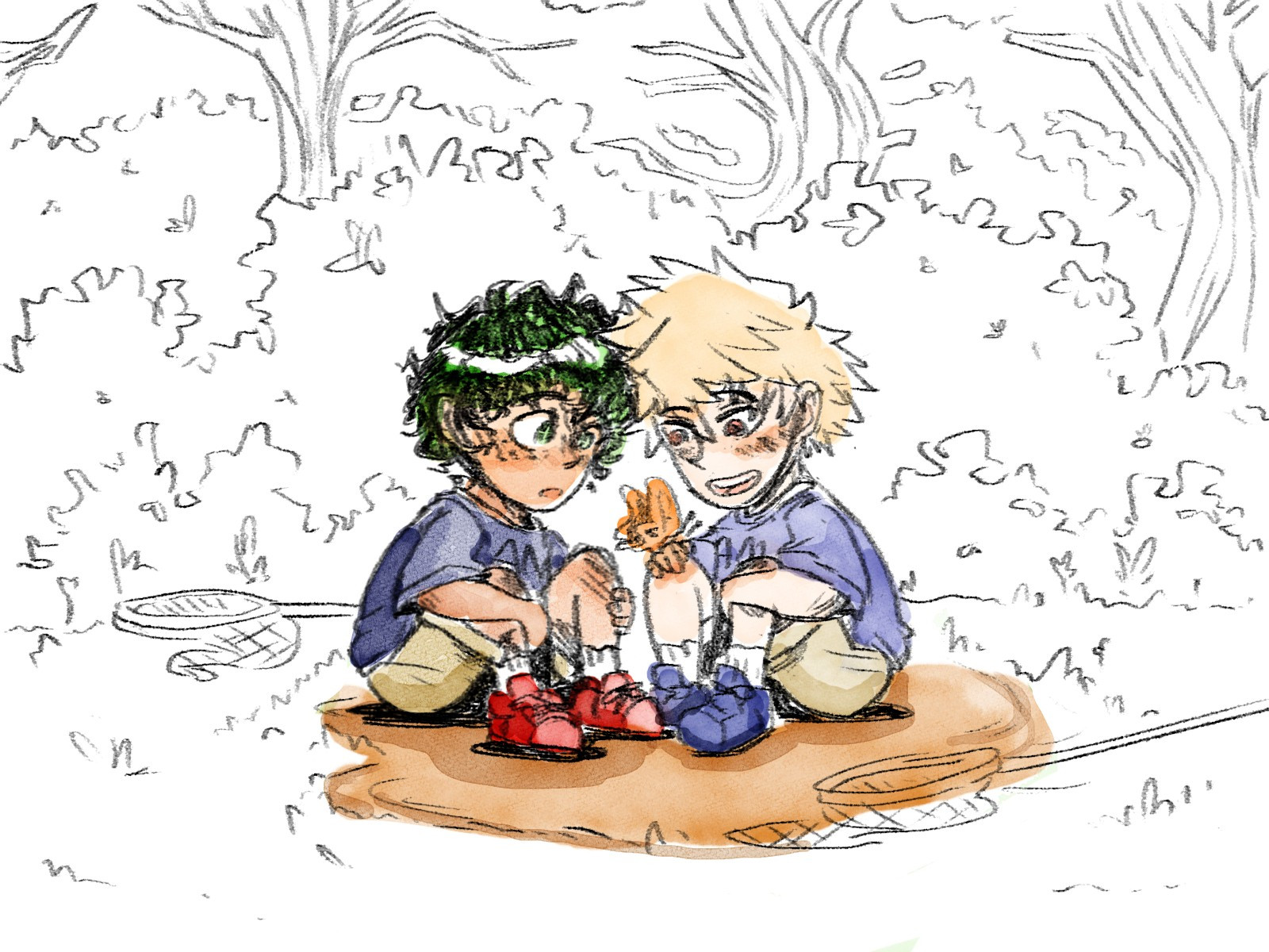 Young Izuku and Kacchan sitting on dirt ground in the forest watching a orange butterfly land on Kacchan's hand with their bug nets cast aside; Izuku and Kacchan are colored in while the rest of the canvas is not.