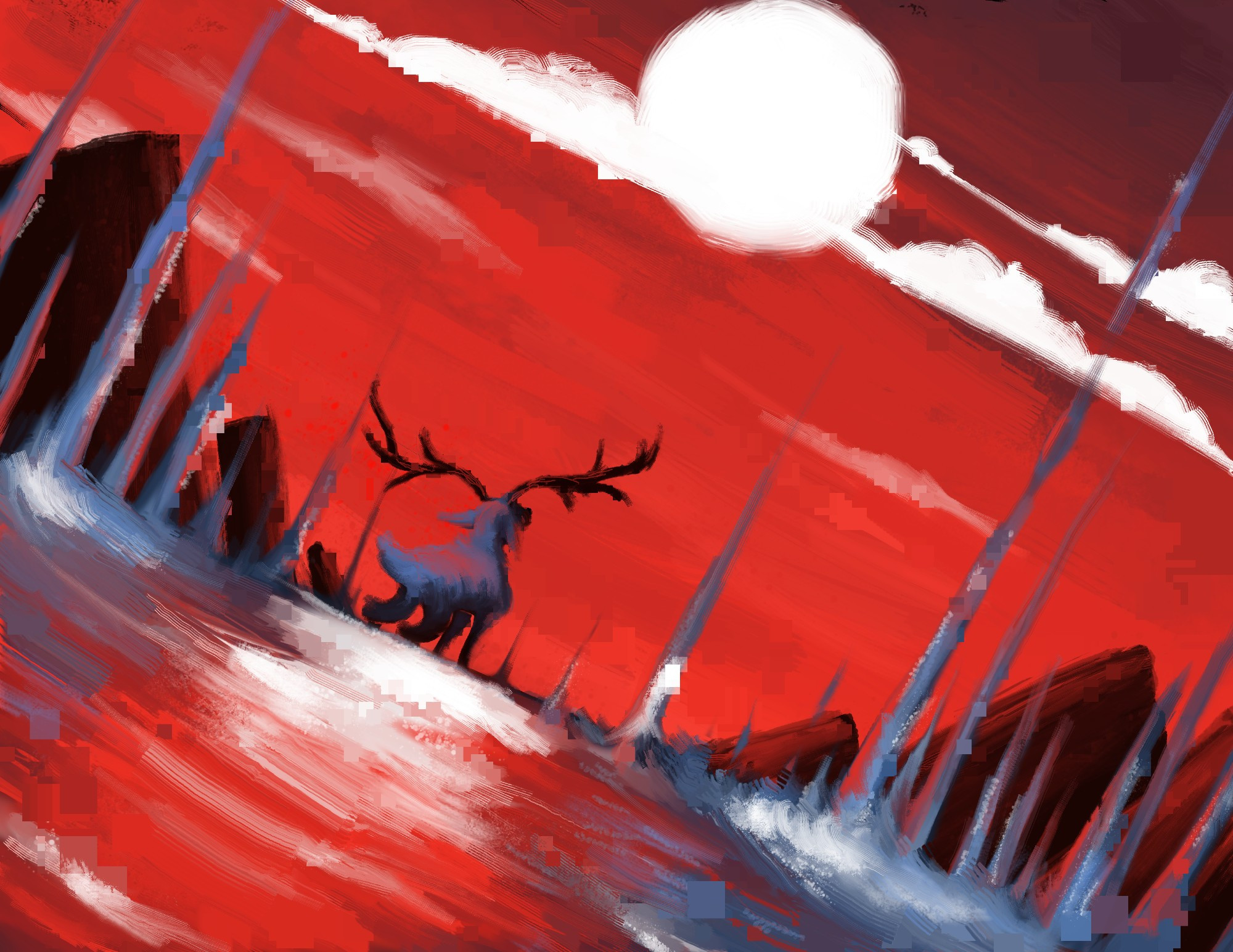 Blue deer standing in a diagonal red river under a white clouded moon in a crimson sky. Blue streams rise from the water, hiding the red mountainous background.