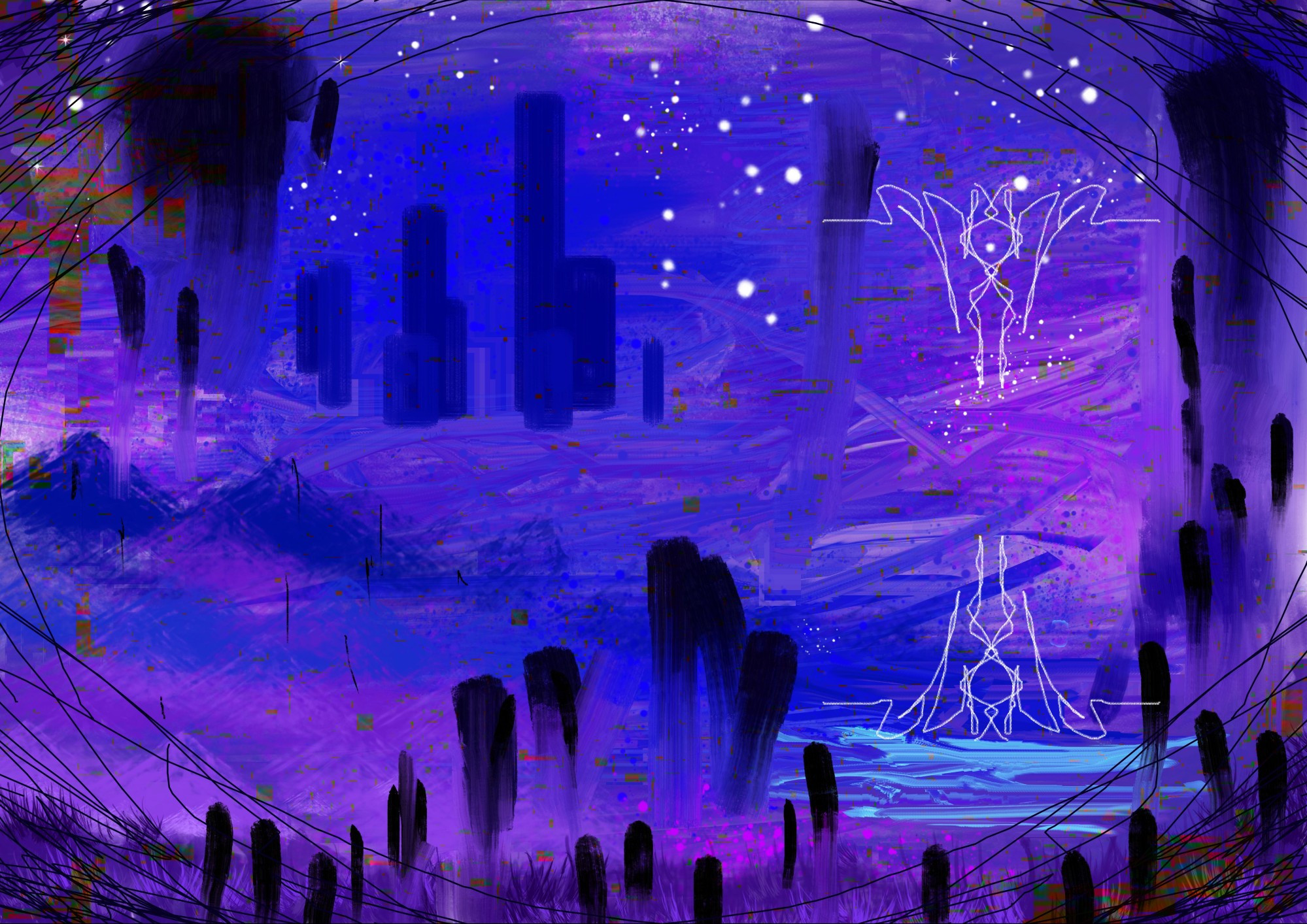 Blue and purple abstract landscape painting with rounded black shapes staring at the viewer and the sketchy outline of an eye at its border. The scenery is blurry and dreamlike, with the image of mountains in the bottom left, a cyan lake in the bottom right, and a lightless city in the background. Above the lake, a horizontally reflected abstract symbol sits, while darker purple grass sits in the foreground. There are white specks resembling stars in the night sky and red and green glitch effects in the corners.