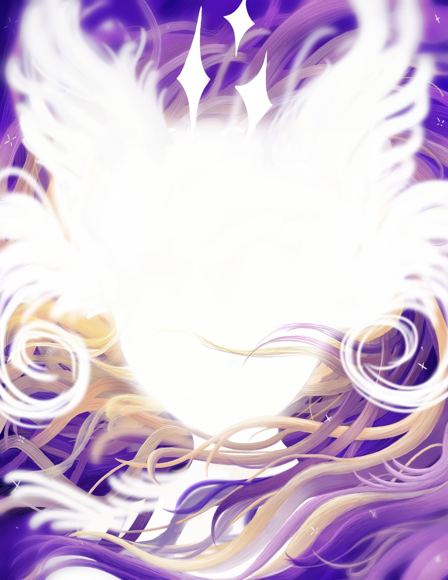 Portrait of a feathered, faceless light angel in space, surrounded by purple and yellow hair. The angel's face lacks features, but has wing-like ears and a halo of 3 stars above its head.