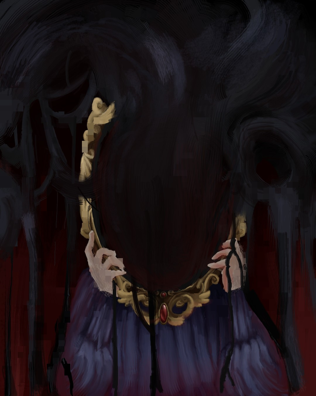 Person hiding behind a mirror as the glass transforms into an abstract ink-like smoke. The mirror has a gold, fancily decorated rim with a red jewel in its bottom center. The background of the painting is dark red.