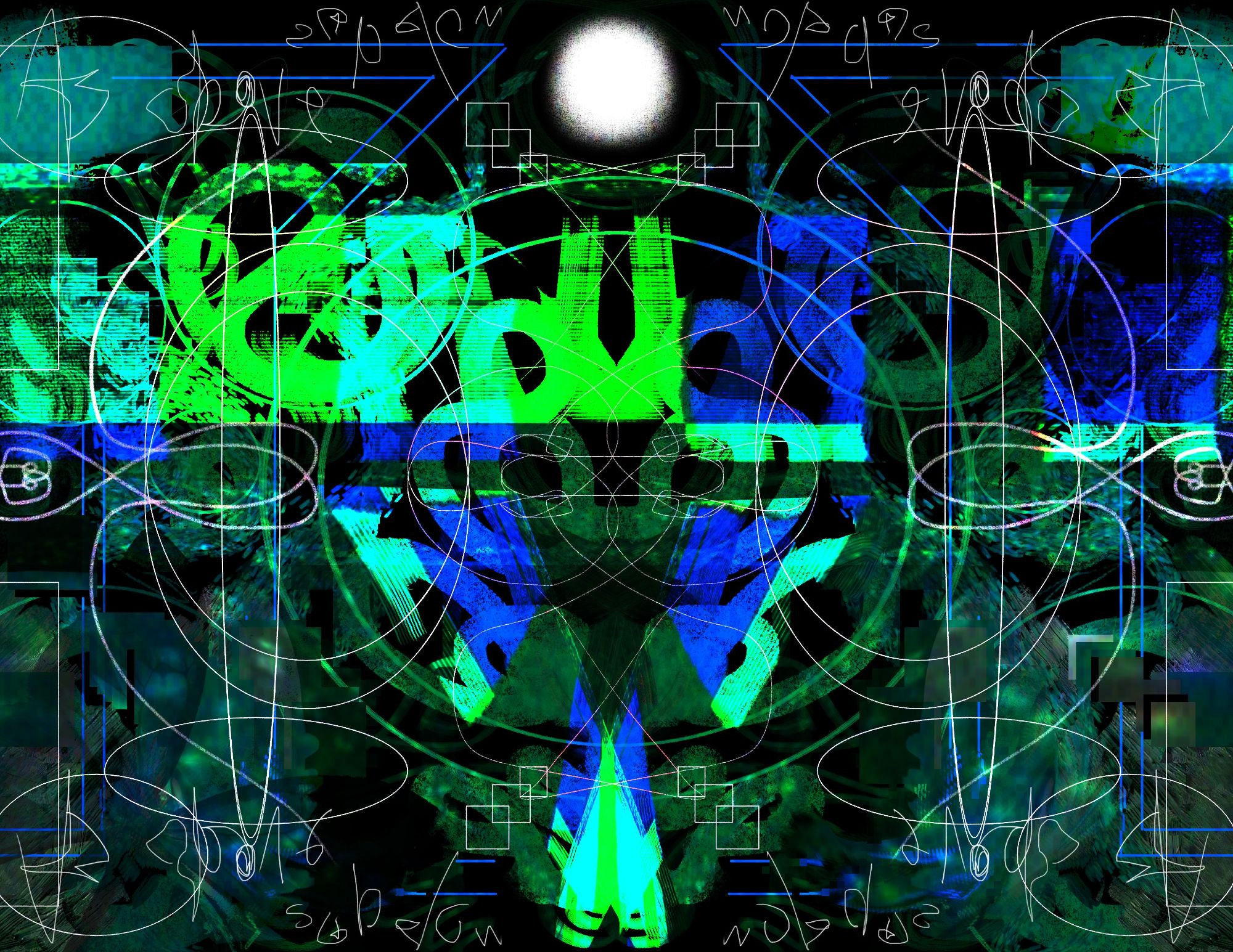 Abstract symmetrical green, blue, and black digital drawing consisting of various geometry, white lines, and static effects. The phrase “As above, so below” is reflected in every corner.