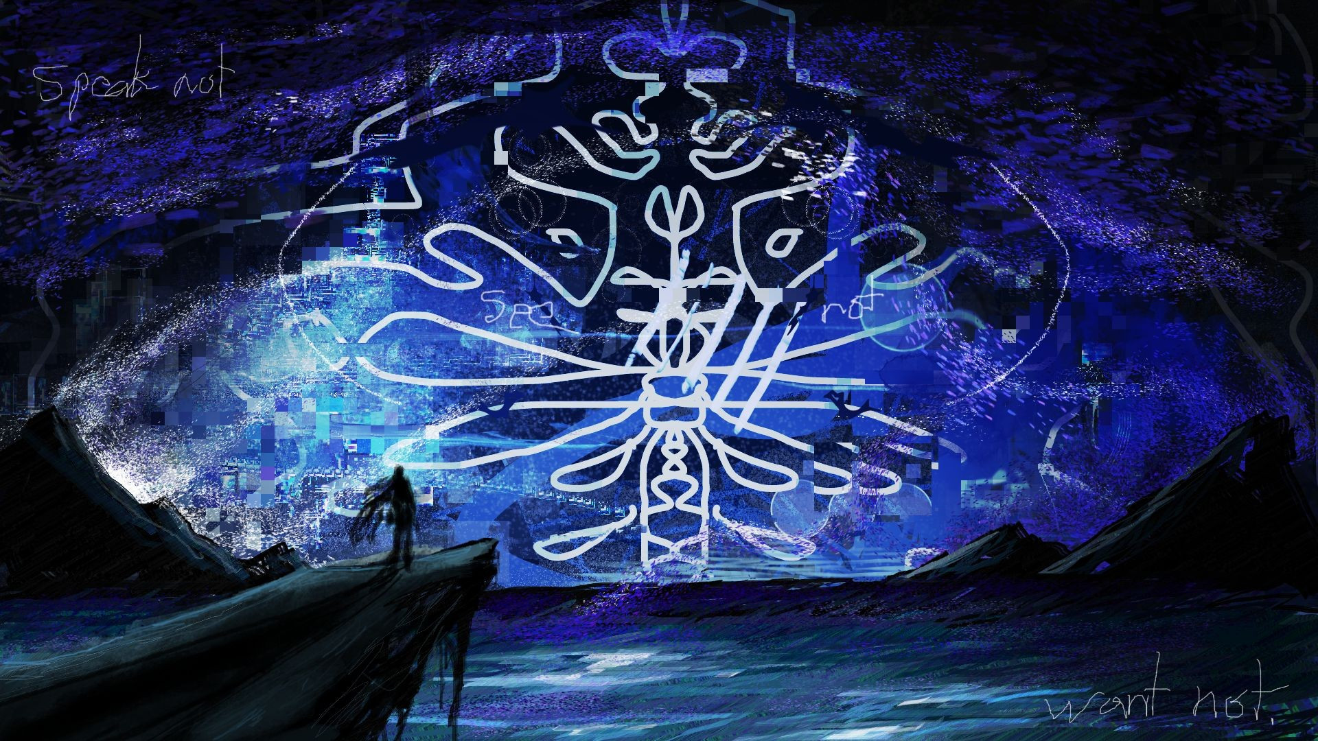 Blue abstract illustration of person standing at cliff overseeing an ocean with a mountainous background. The night sky is abstract and glitchy, featuring a symmetrical white symbol of an insect-like creature in its center. Written in the top left, center, and bottom right are the phrases "Speak not. See not. Want not." respectively.